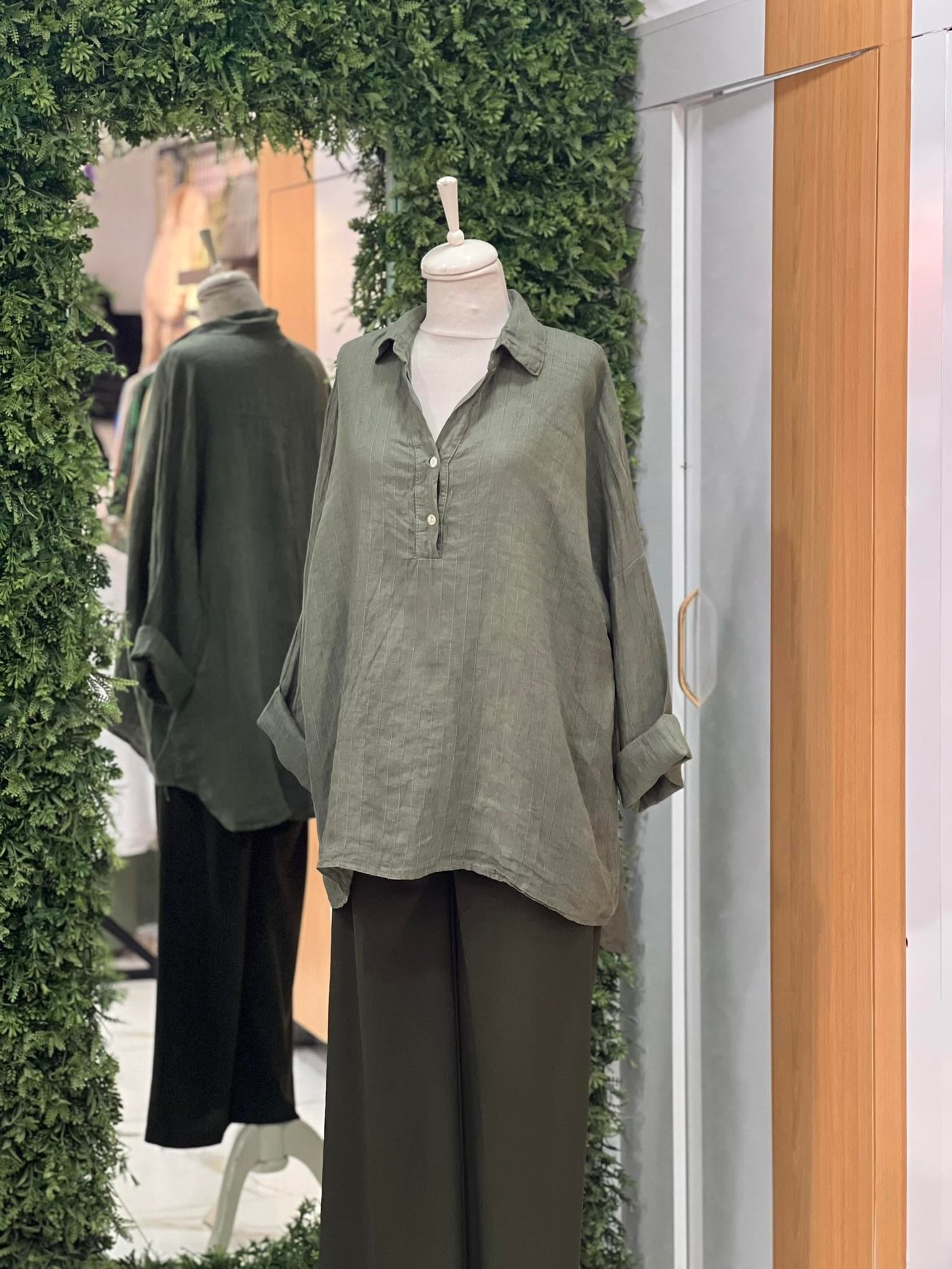 Kadın Çizgili Oversize Tunik Gömlek - Haki