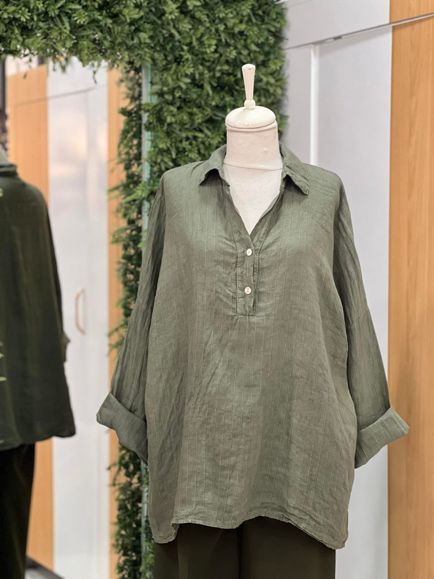 Kadın Çizgili Oversize Tunik Gömlek - Haki