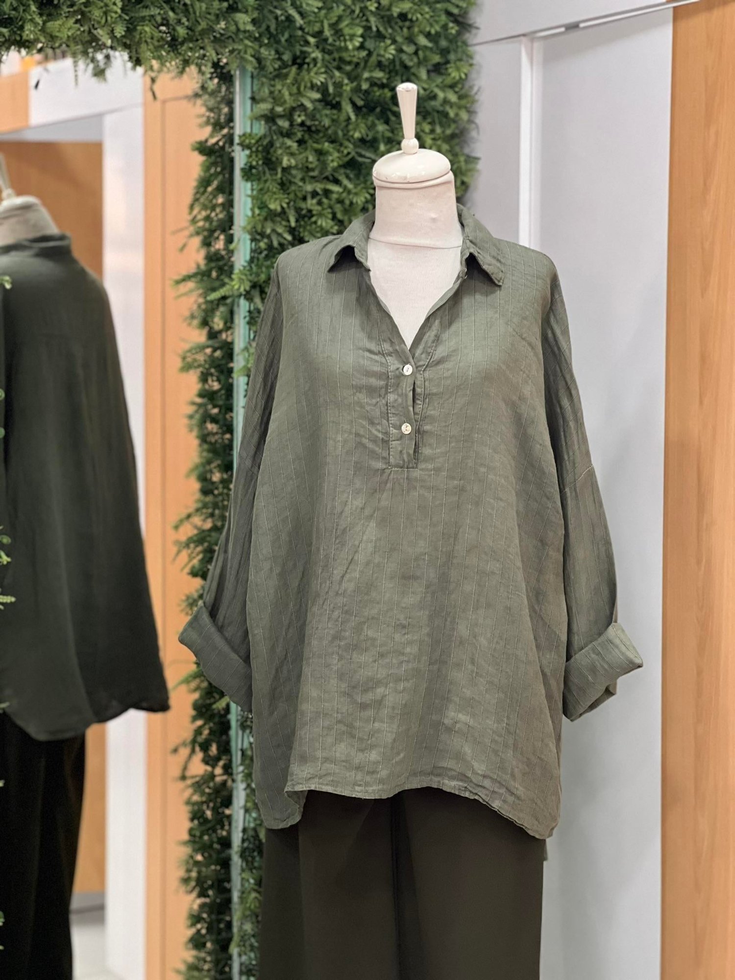 Kadın Çizgili Oversize Tunik Gömlek - Haki