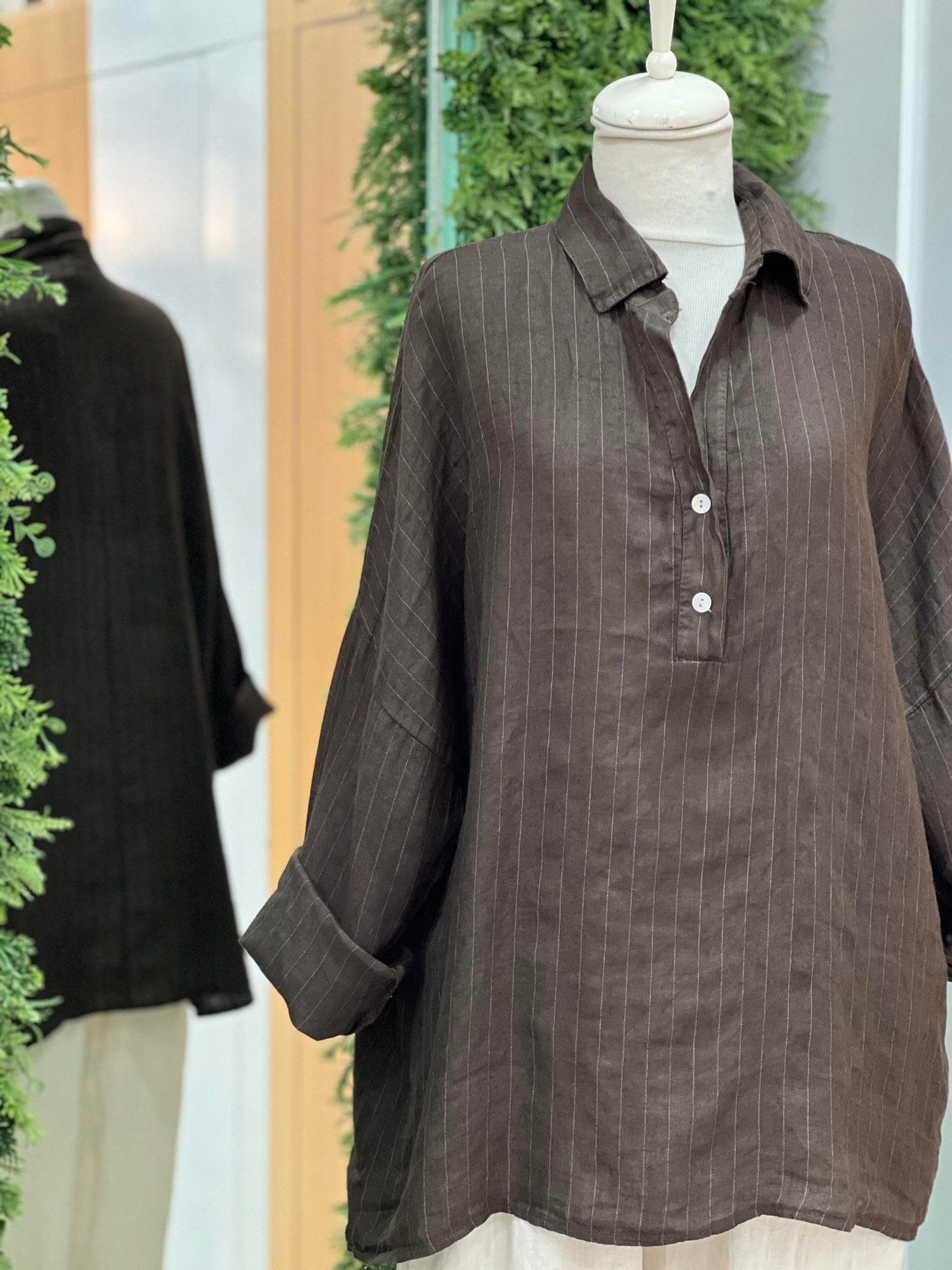 Kadın Çizgili Oversize Tunik Gömlek - Koyu Kahve