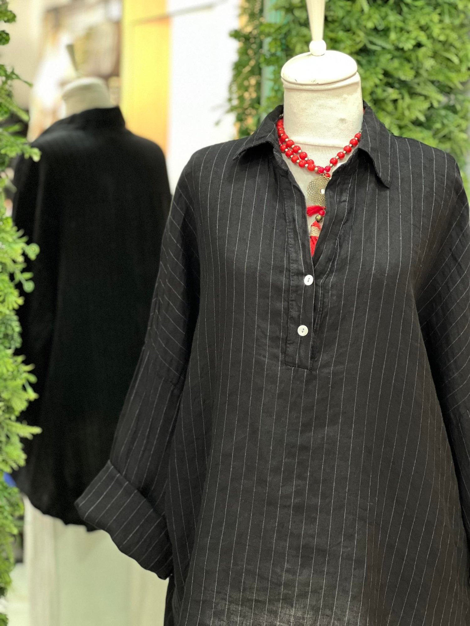 Kadın Çizgili Oversize Tunik Gömlek - Siyah 