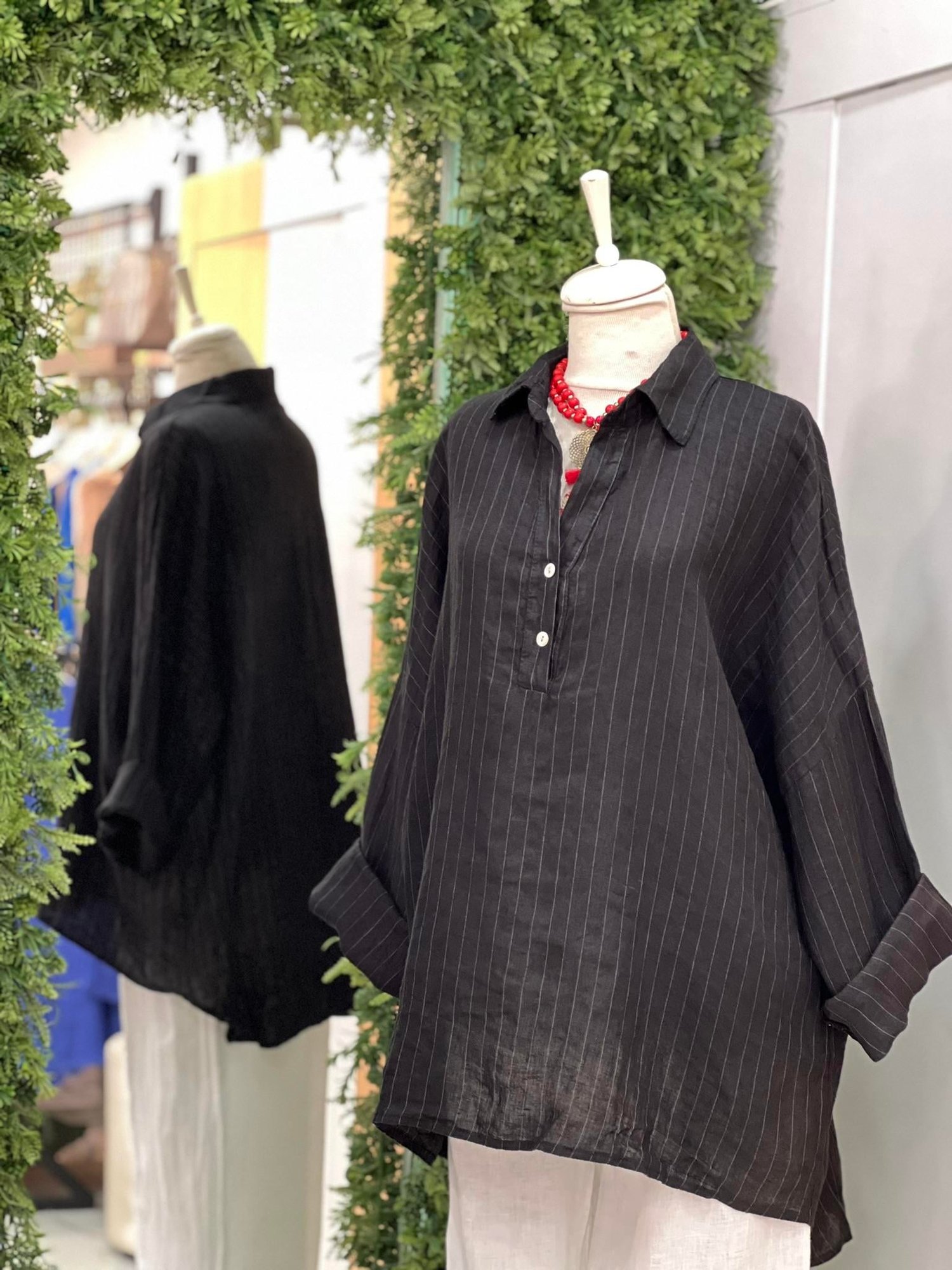 Kadın Çizgili Oversize Tunik Gömlek - Siyah 