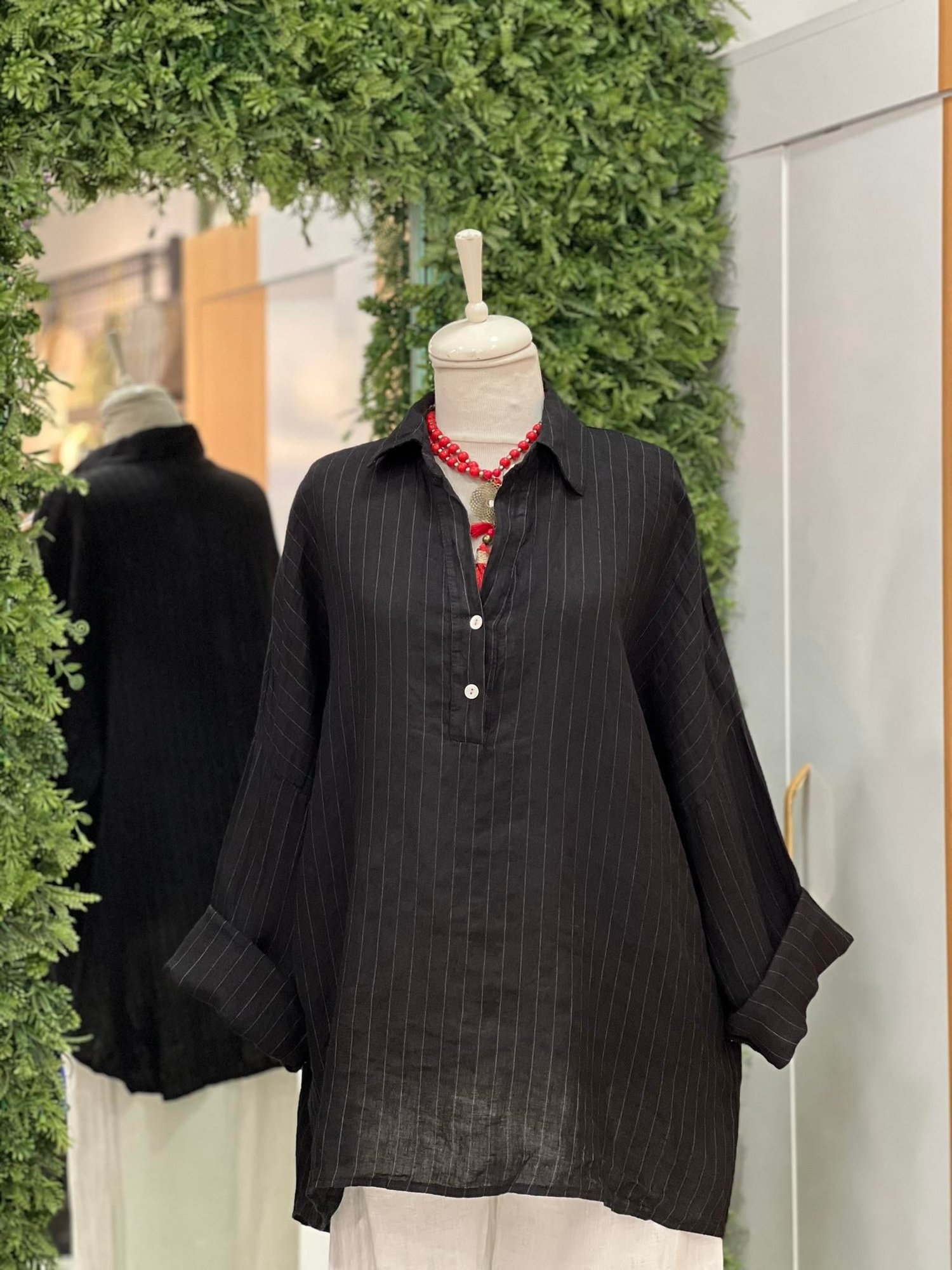 Kadın Çizgili Oversize Tunik Gömlek - Siyah 