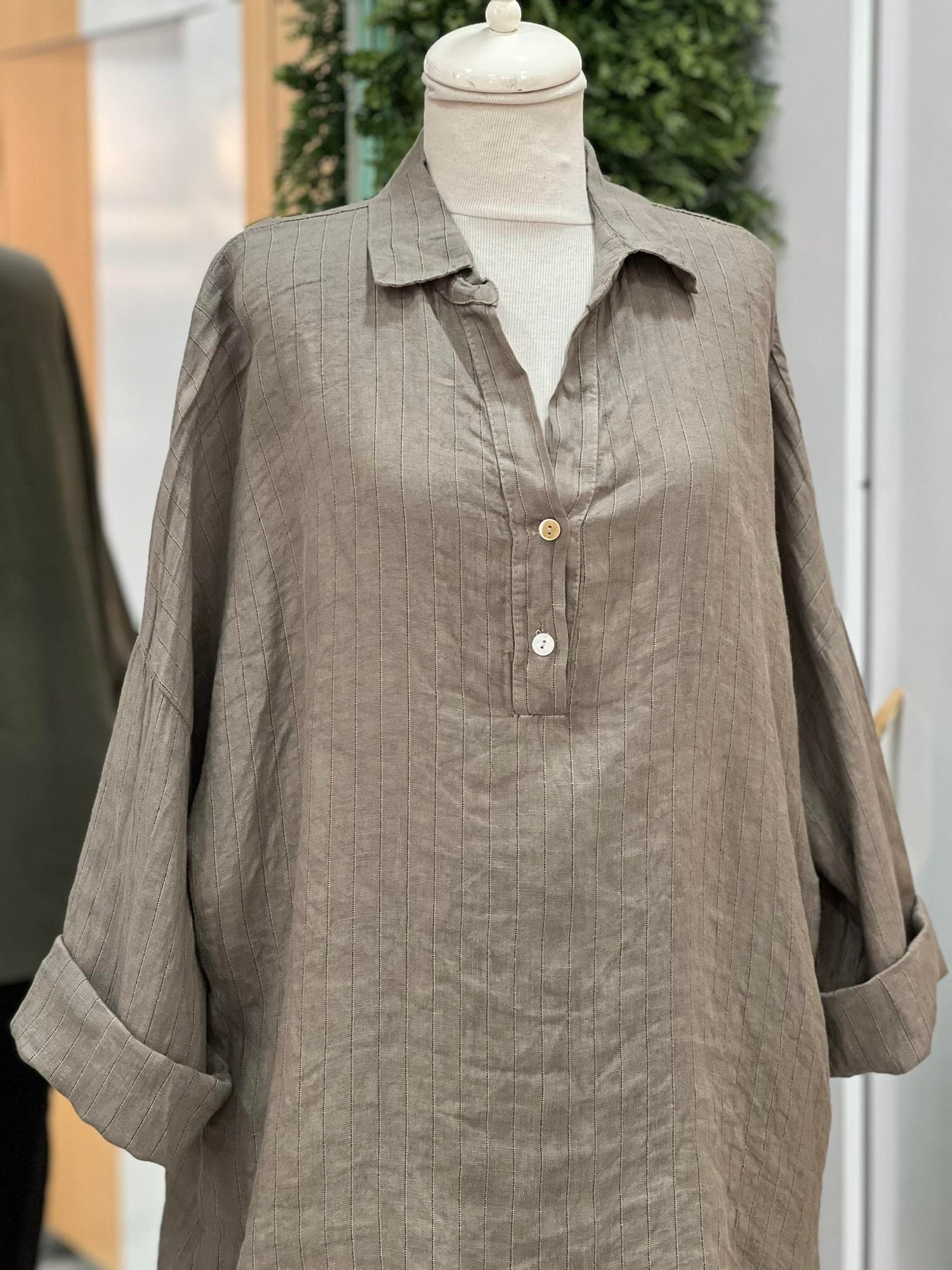 Kadın Çizgili Oversize Tunik Gömlek - Vizon
