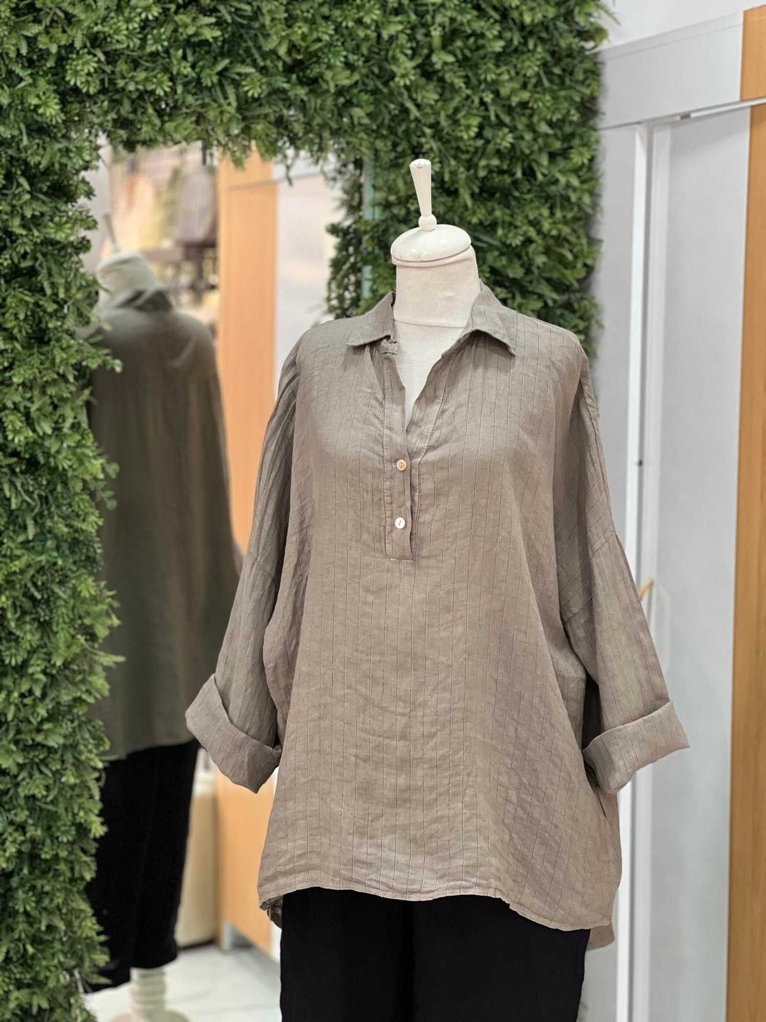 Kadın Çizgili Oversize Tunik Gömlek - Vizon