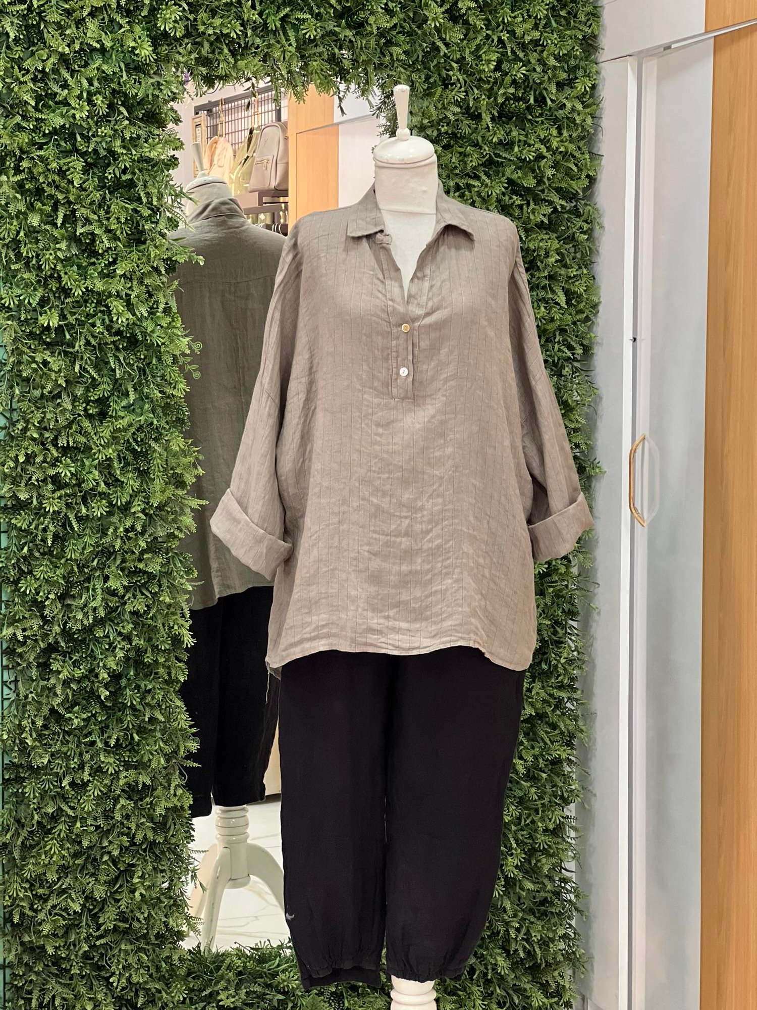 Kadın Çizgili Oversize Tunik Gömlek - Vizon