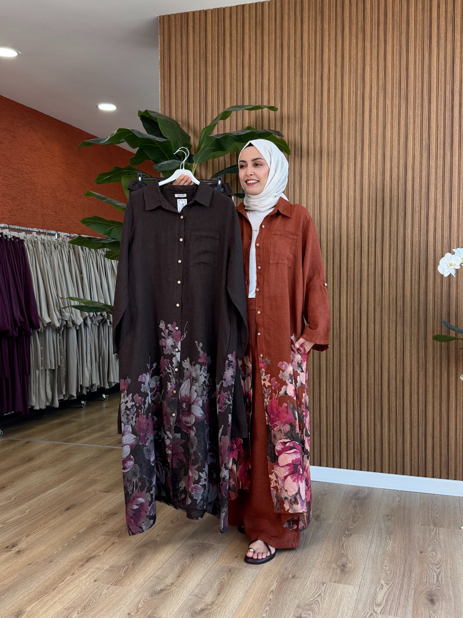 Kadın Ham Keten Flora Takım -Kahverengi