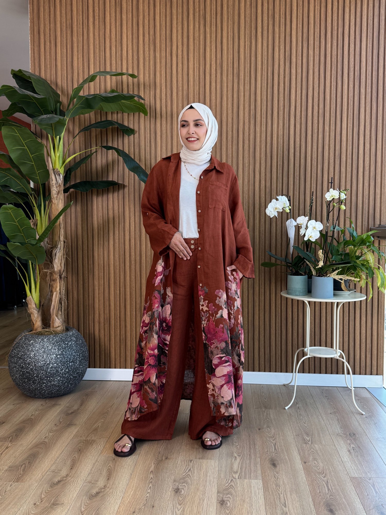 Kadın Ham Keten Flora Takım -Kiremit