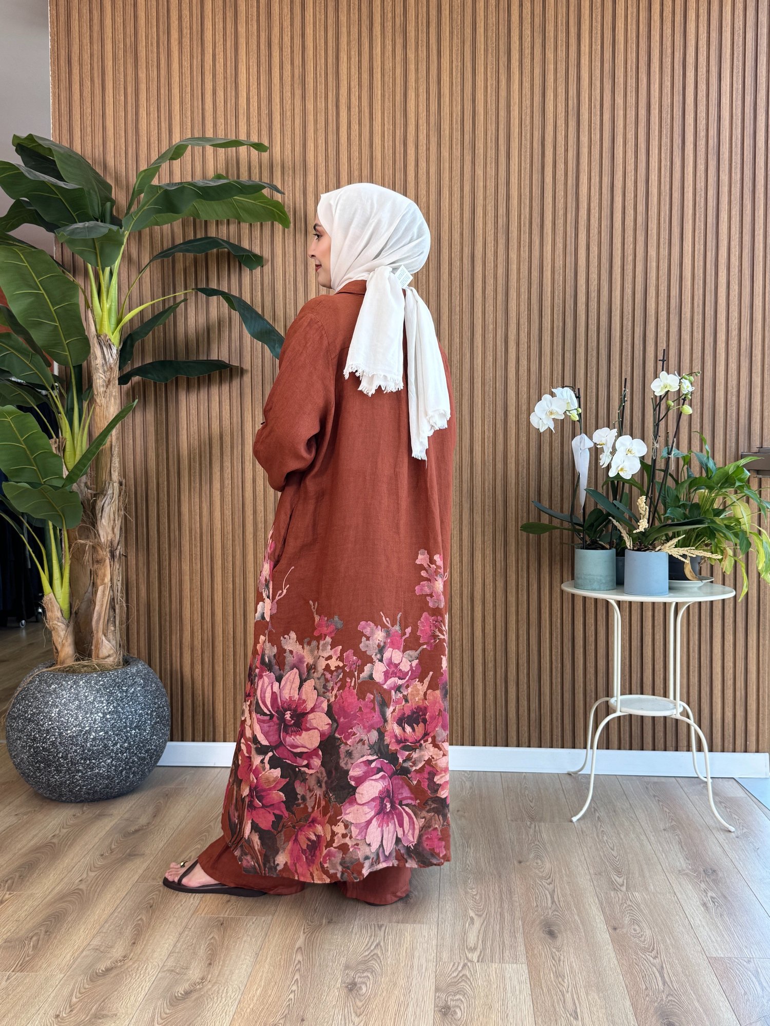 Kadın Ham Keten Flora Takım -Kiremit