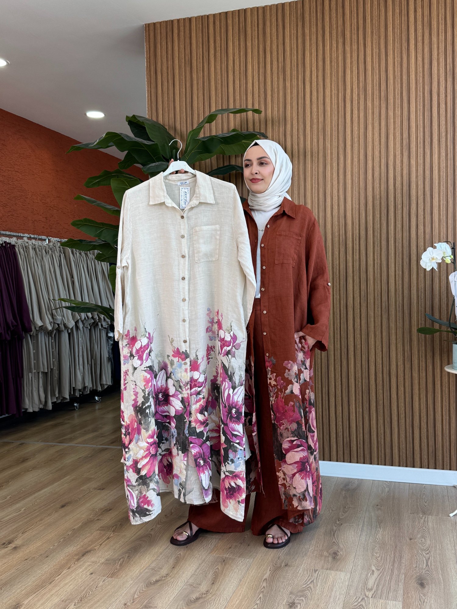 Kadın Ham Keten Flora Takım -Krem