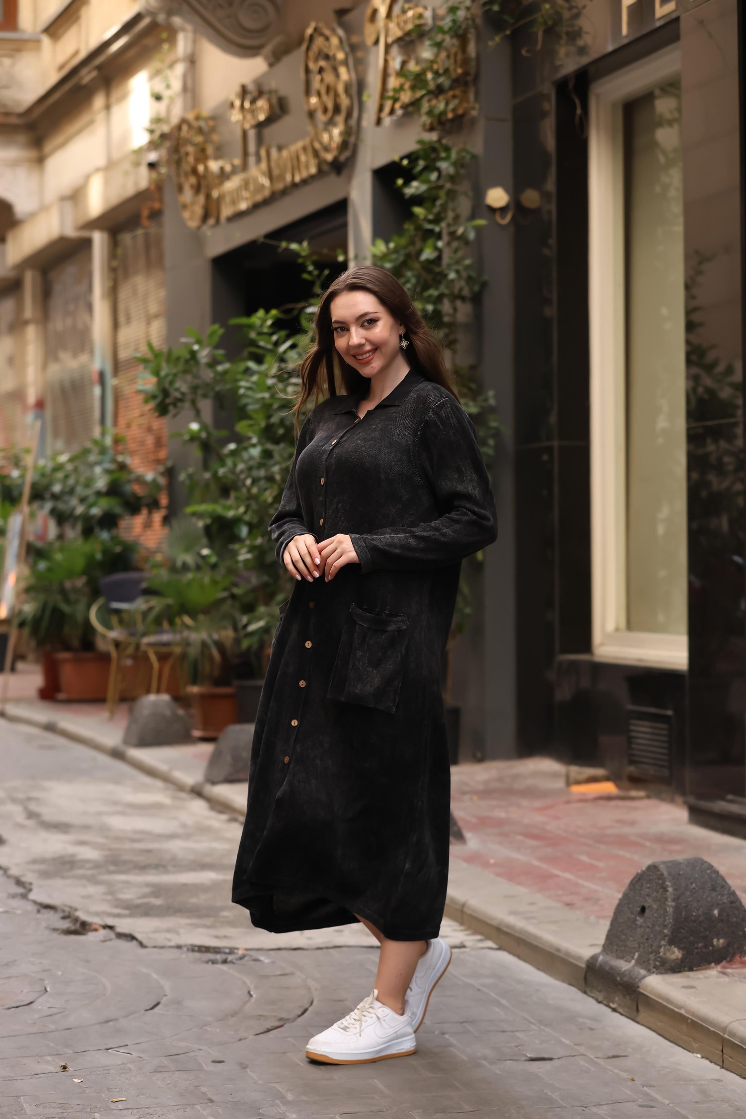 Kadın Yıkamalı Pamuk Komple Düğmeli Pamuk Elbise - Siyah