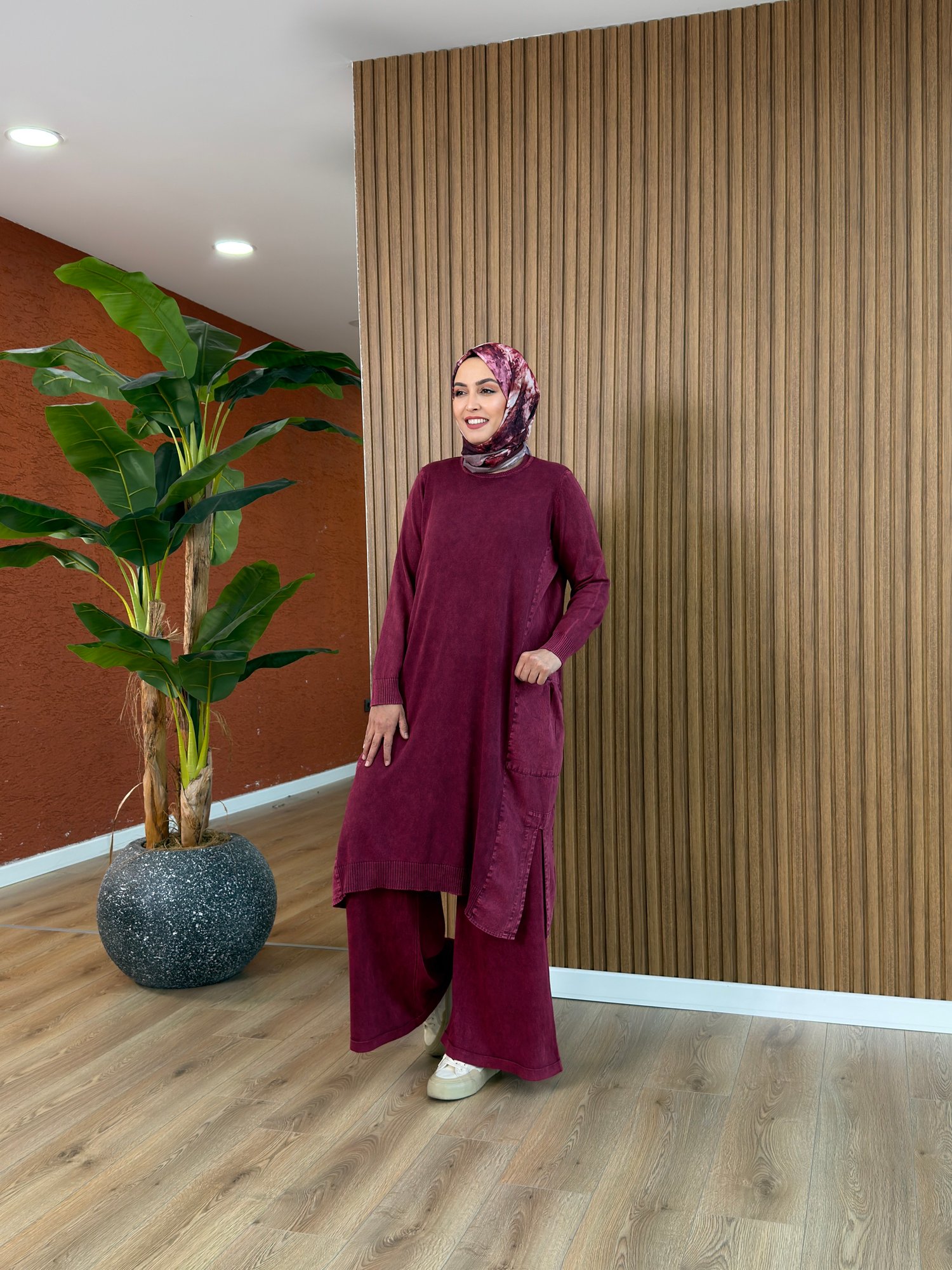 Loren % 100 Pamuk Tencel Detay Tunik-Bordo