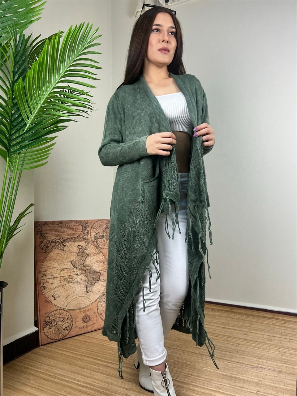 QASHMİR KADIN ASİMETRİK KESİM ETNİK PAMUK HIRKA - HAKİ