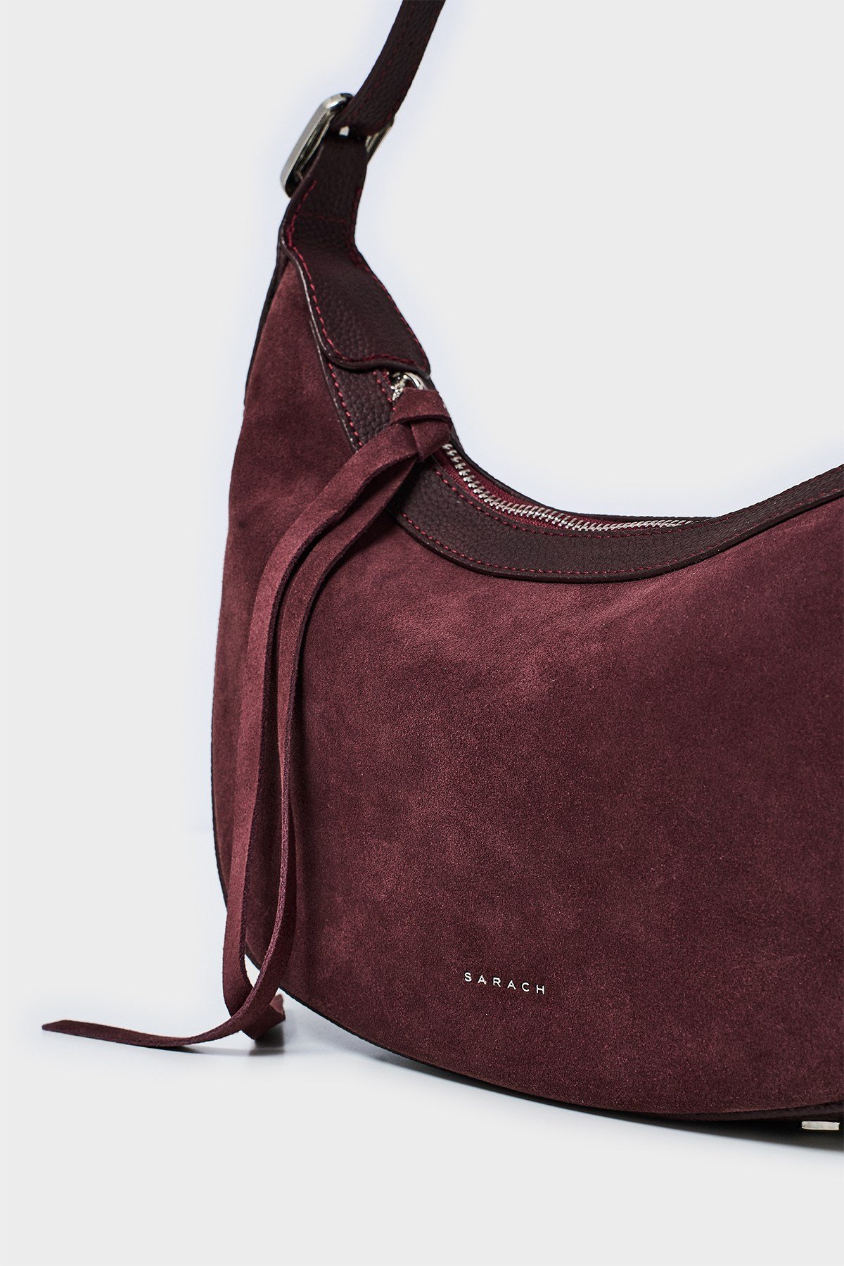 SARACH HAKİKİ SÜET DETAYLI TOKALI BAGET OMUZ ÇANTASI-BORDO