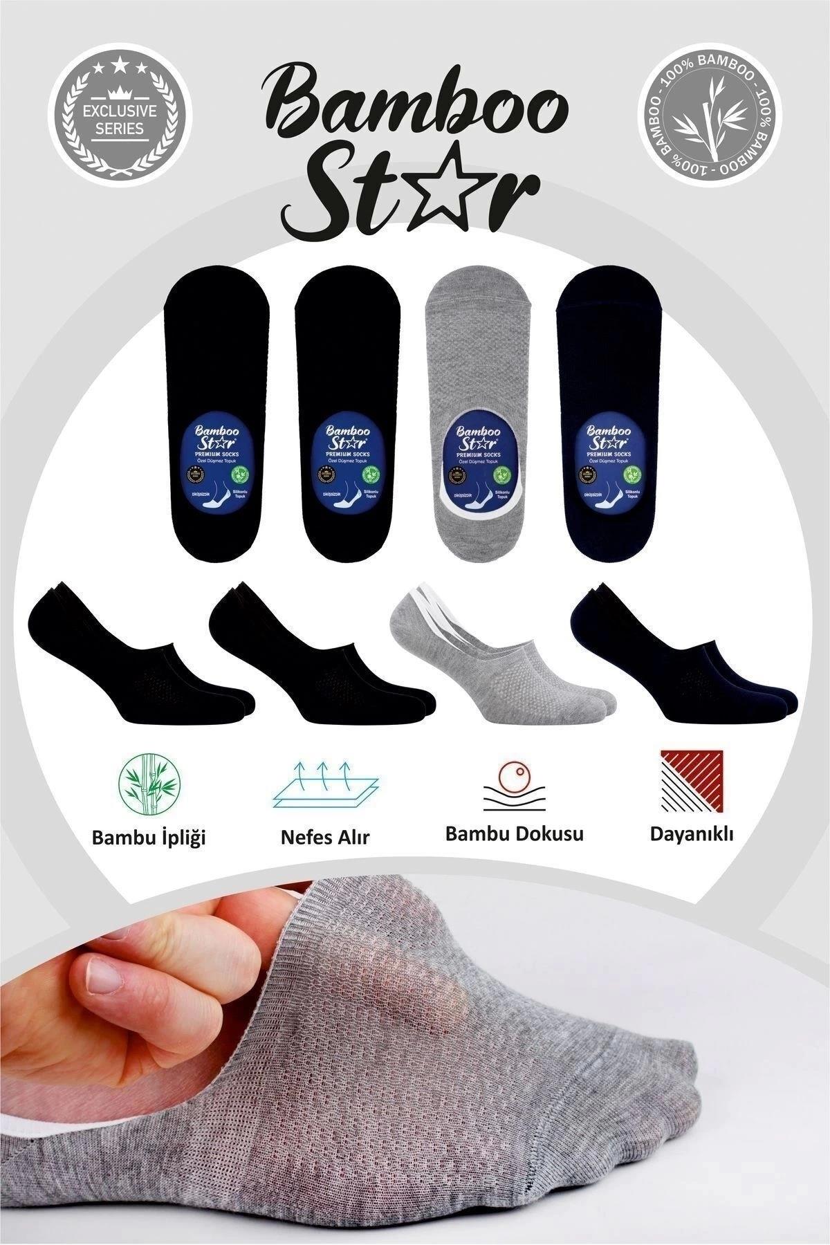 Bambu Erkek Çorap Dikişsiz Görünmez Terletmez Fileli Kaydırmaz Topuk Silikonlu Premium 4lü Paket
