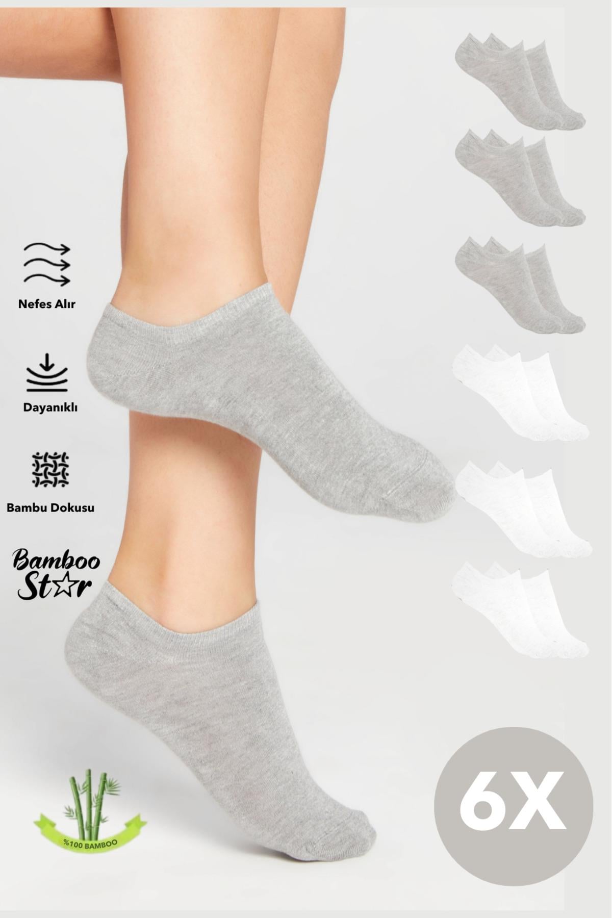 Bambu Erkek Sneaker Gri Beyaz Çorap Dikişsiz Görünmez Bilekte Görünmez Spor Çorap 6'lı Paket