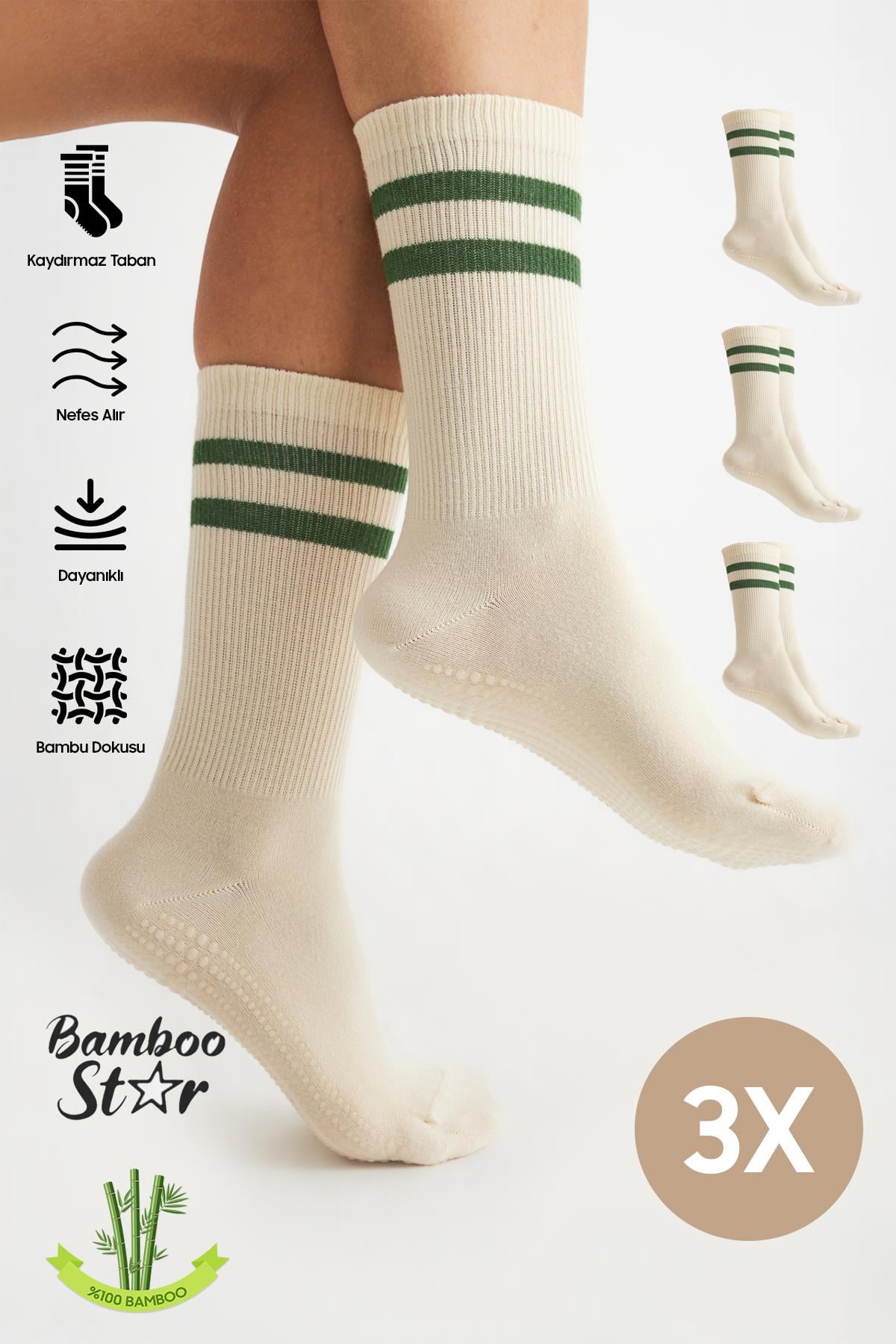 Bambu Kadın Bej Kaydırmaz Taban Silikon Baskı Yoga Fitness Pilates Bale Dans Tenis Çorabı 3'lü