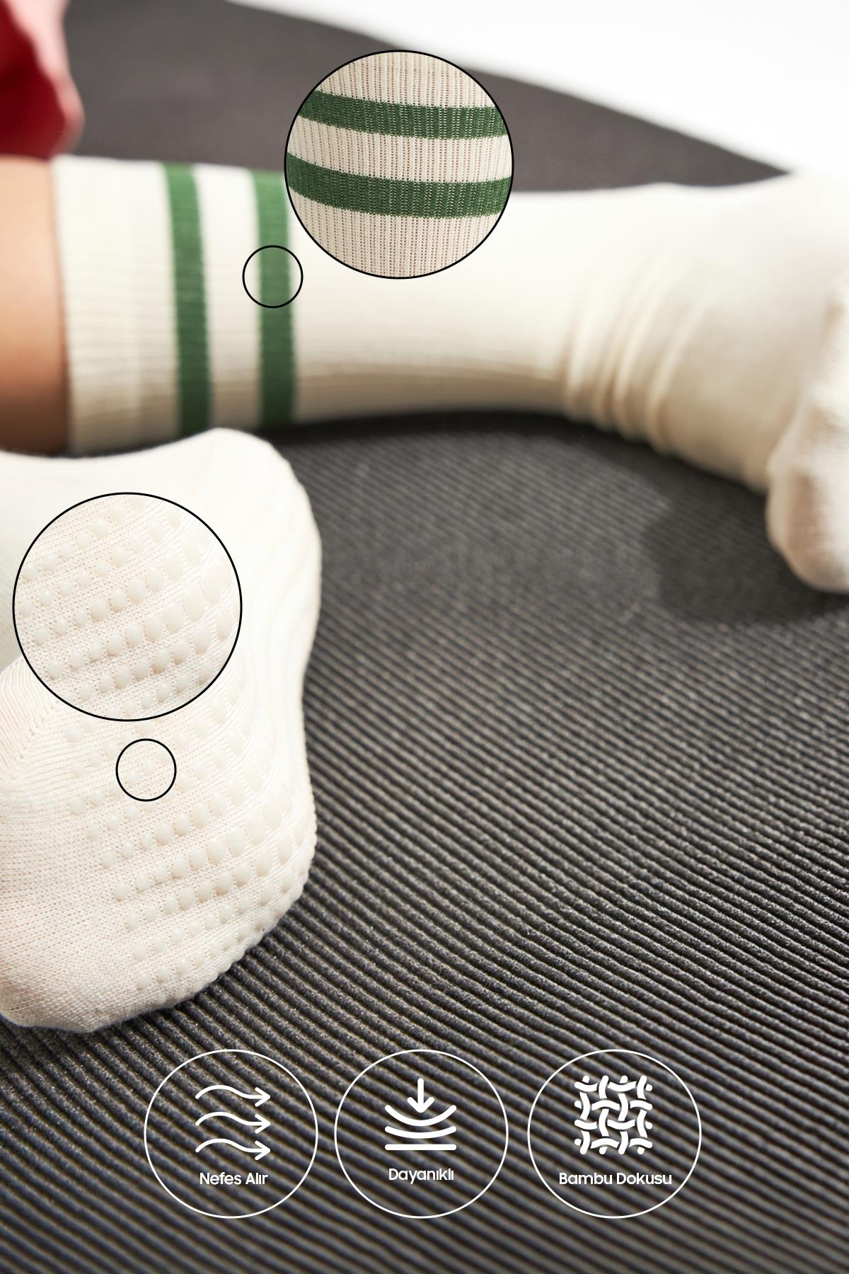Bambu Kadın Bej Kaydırmaz Taban Silikon Baskı Yoga Fitness Pilates Bale Dans Tenis Çorabı 3'lü