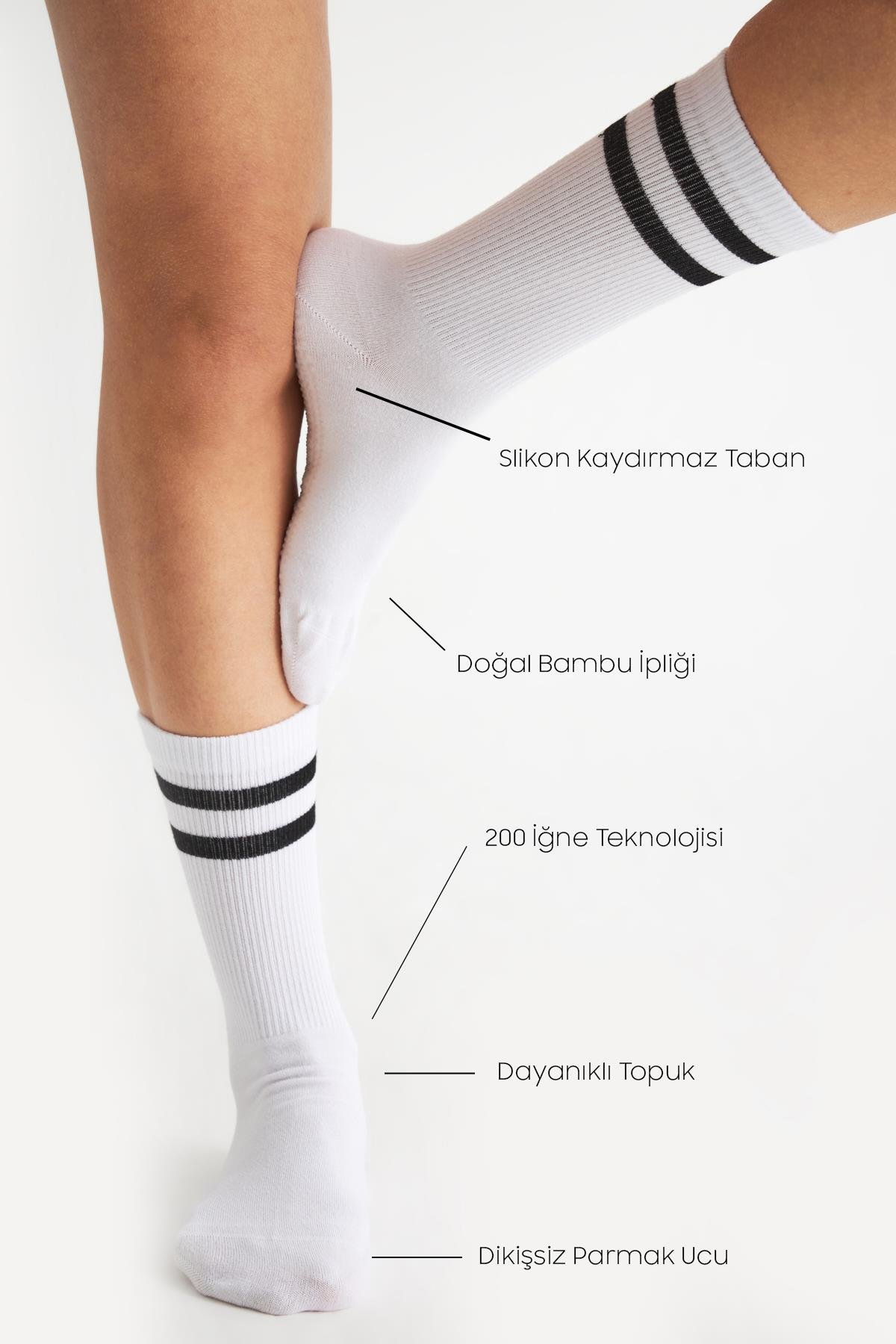 Bambu Kadın Beyaz  Kaydırmaz Taban Silikon Baskı Yoga Fitness Pilates Bale Dans Tenis Çorabı 3'lü