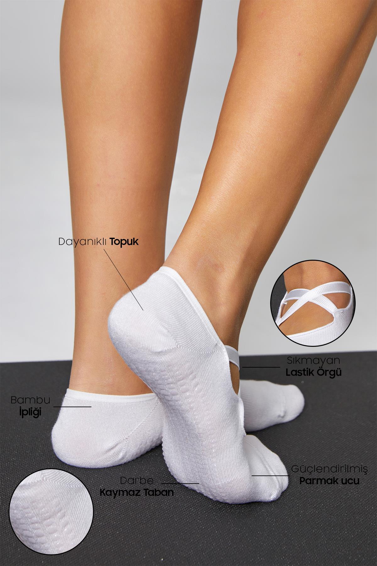 Bambu Kadın Beyaz Kaydırmaz Taban Silikon Baskı Pilates Yoga Fitness Dans Aktivite Babet Çorabı 2’Li