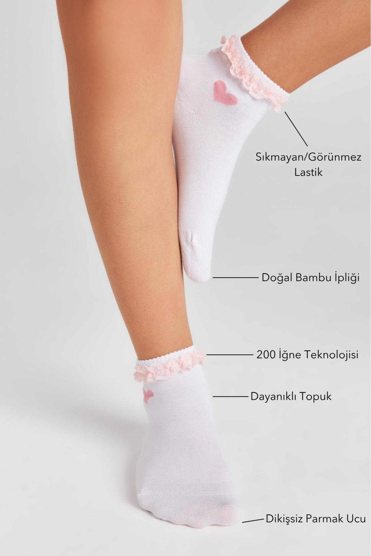 Bambu Kadın Beyaz Yarım Dantelli Konç Kalp Desenli Dikişsiz Beyaz Çorap 3Lü Paket