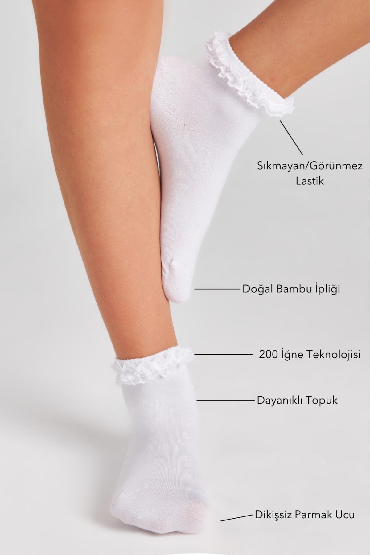 Bambu Kadın Beyaz Yarım Konç Dantelli Dikişsiz Beyaz Çorap 3Lü Paket