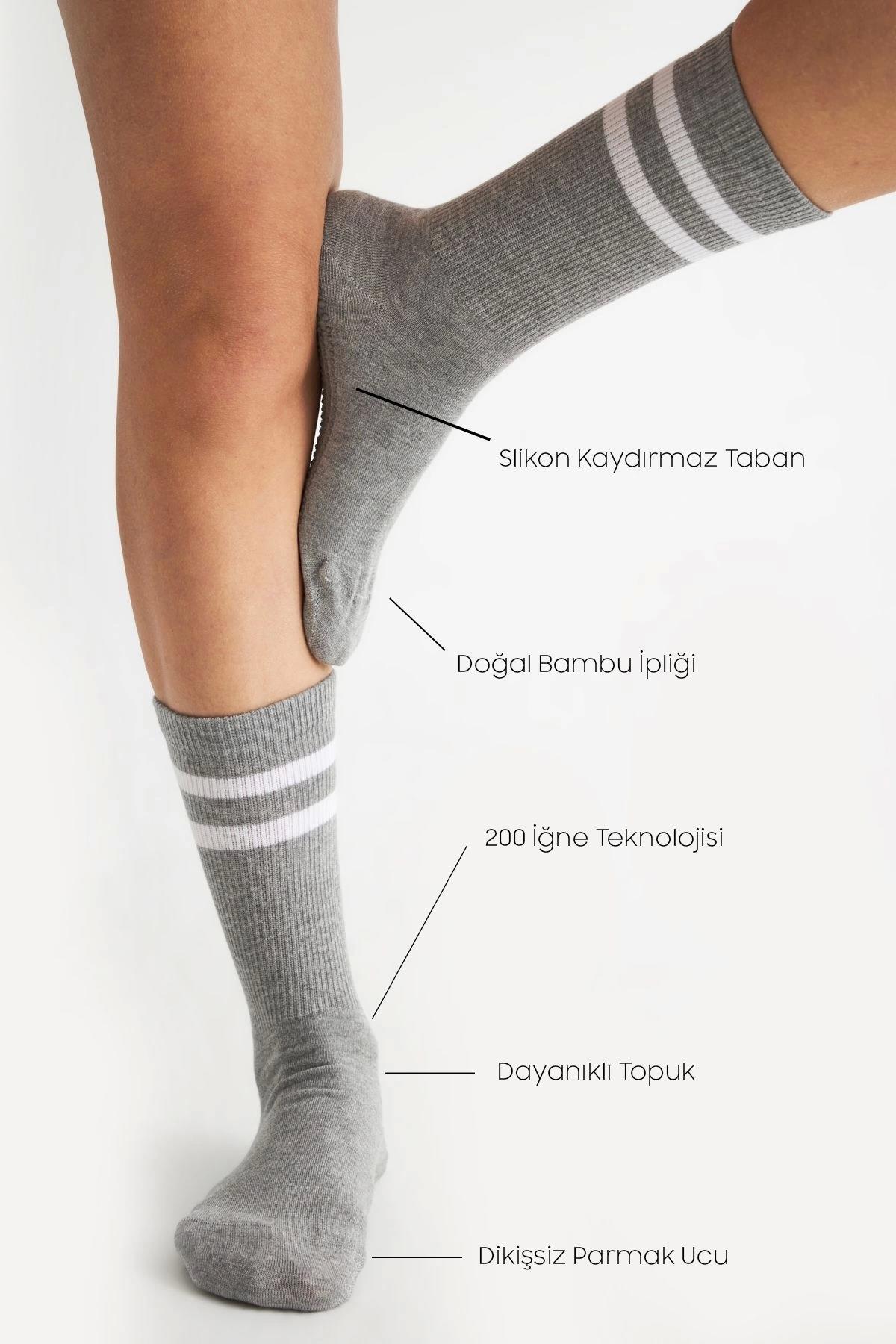 Bambu Kadın Gri Kaydırmaz Taban Silikon Baskı Yoga Fitness Pilates Bale Dans Tenis Çorabı