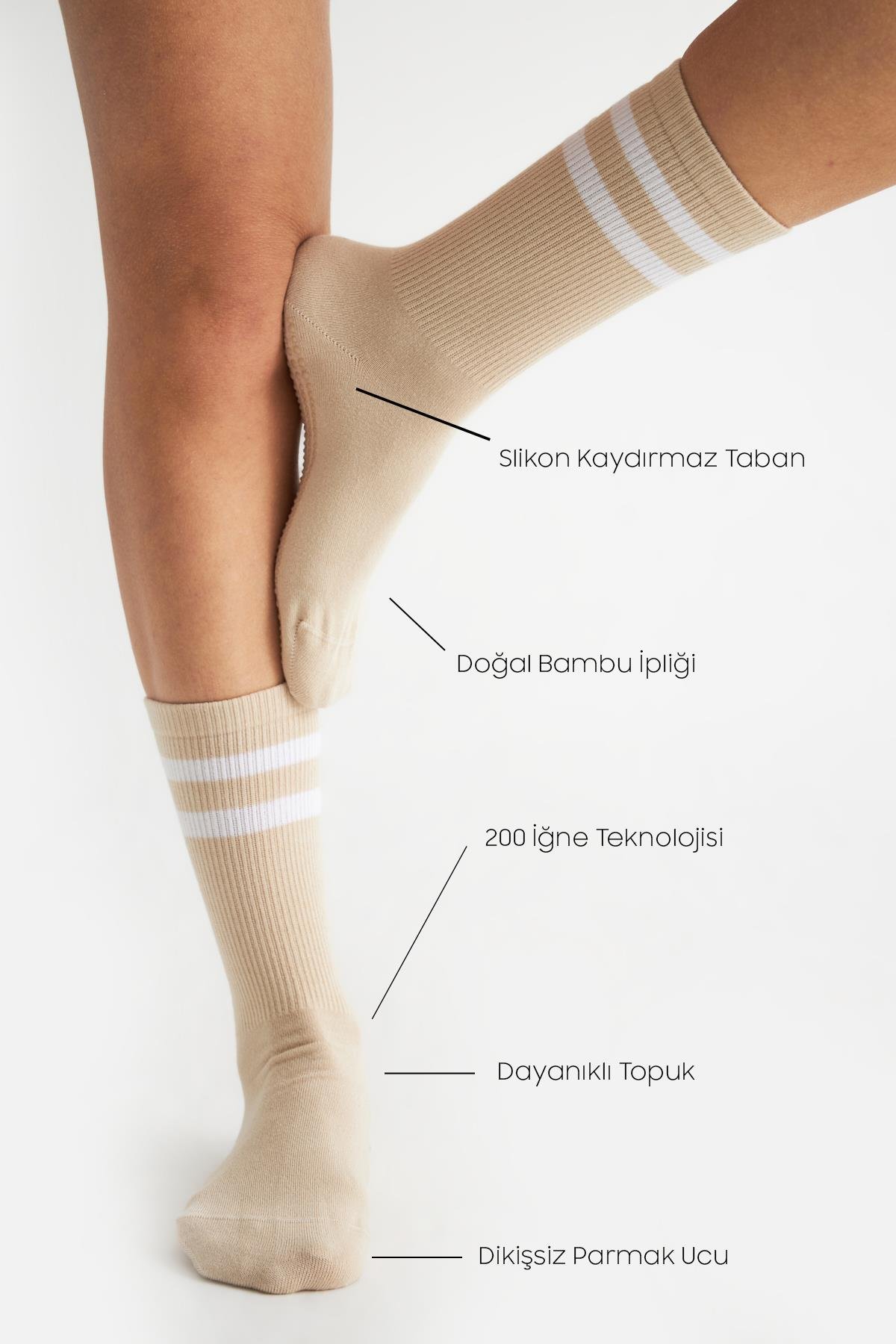 Bambu Kadın Krem Kaydırmaz Taban Silikon Baskı Yoga Fitness Pilates Bale Dans Tenis Çorabı 3'lü