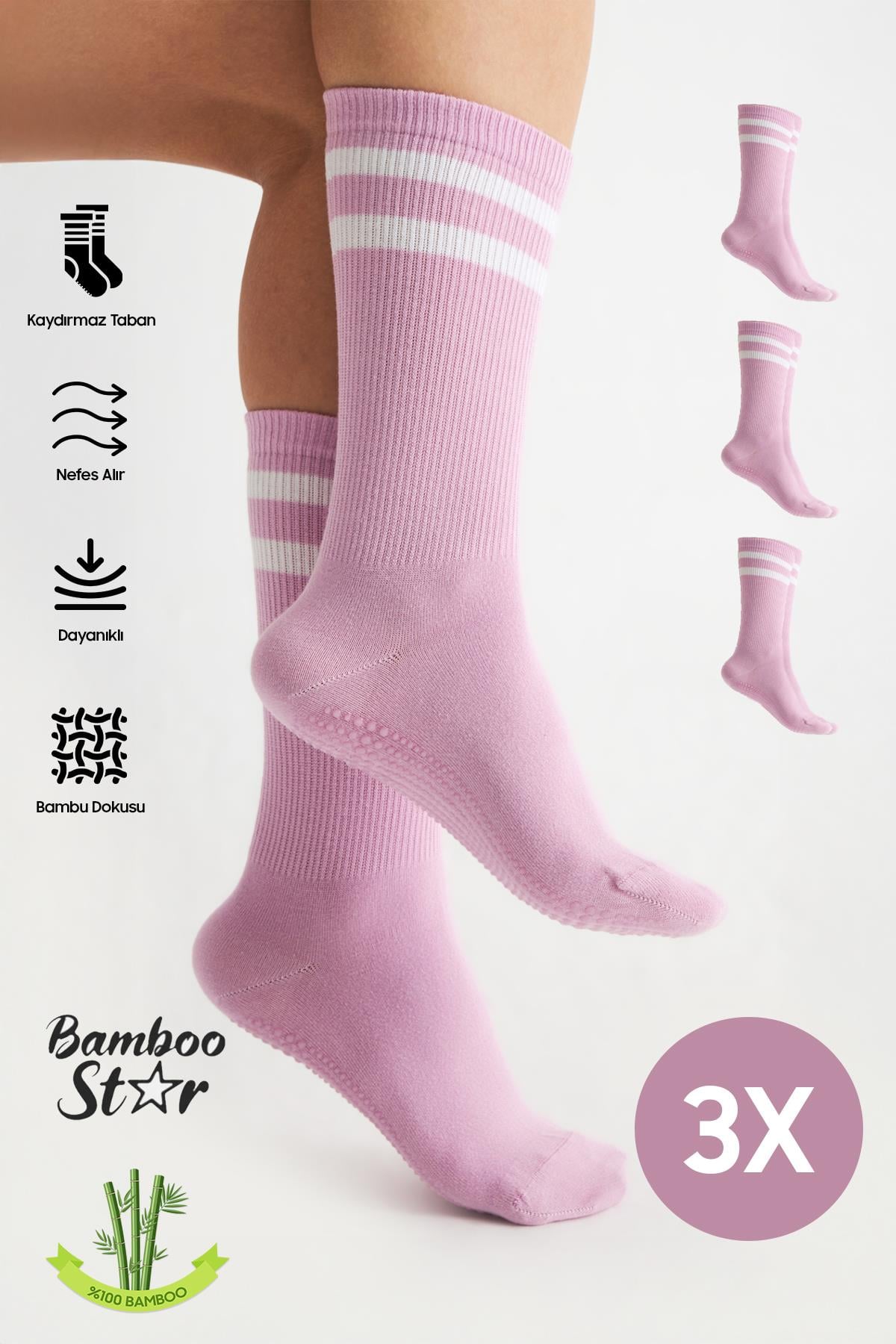 Bambu Kadın Lila Kaydırmaz Taban Silikon Baskı Yoga Fitness Pilates Bale Dans Tenis Çorabı 3'lü