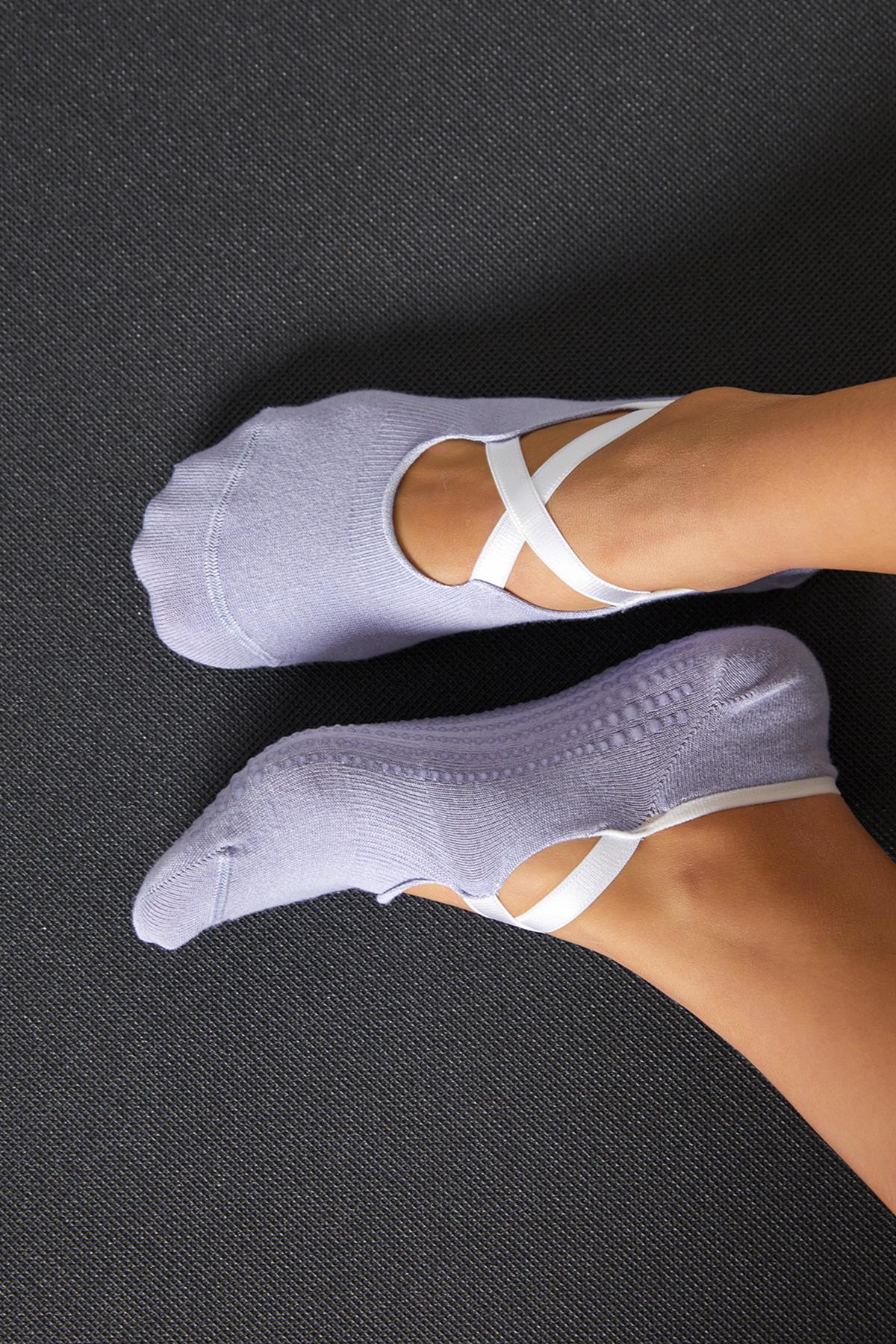 Bambu Kadın Lila Kaydırmaz Taban Silikon Baskı Pilates Yoga Fitness Dans Aktivite Babet Çorabı