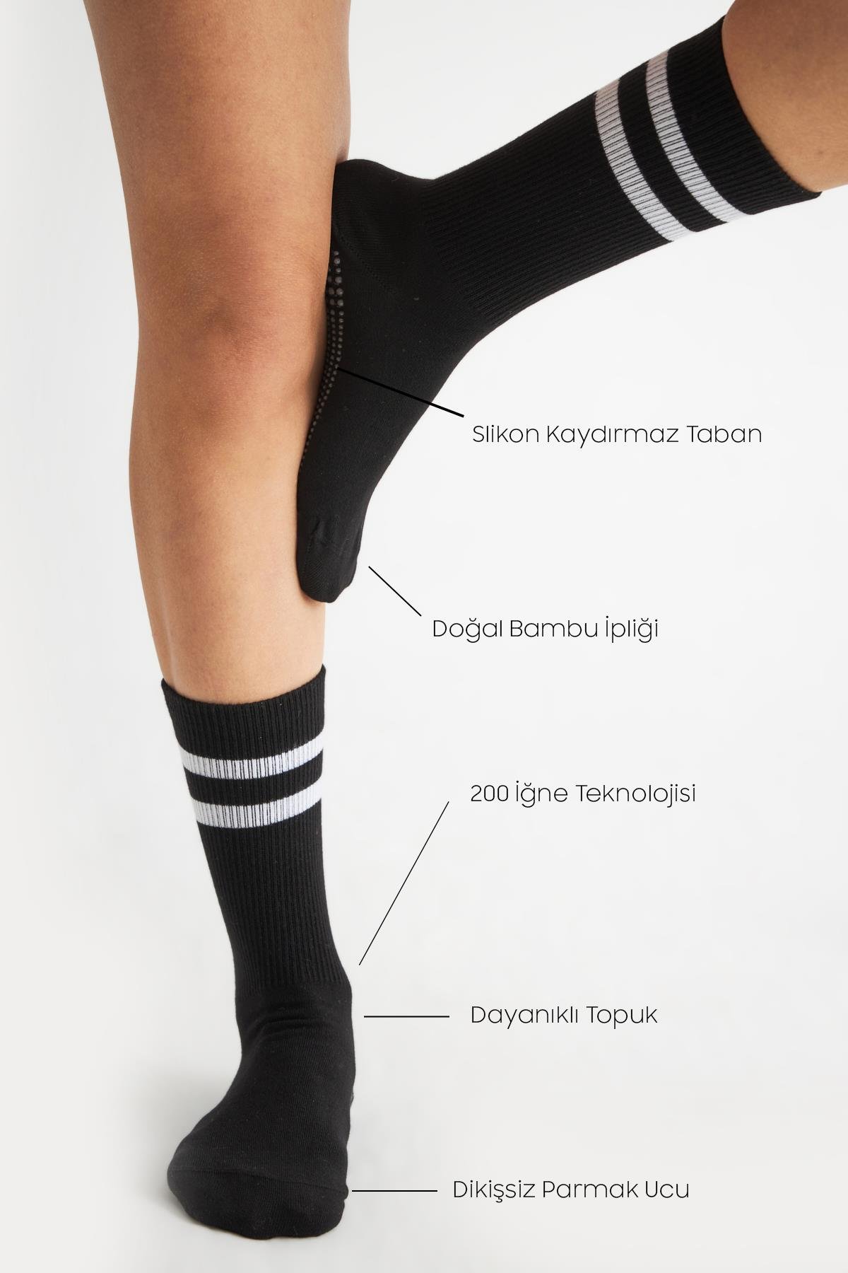 Bambu Kadın Siyah Kaydırmaz Taban Silikon Baskı Yoga Fitness Pilates Bale Dans Tenis Çorabı 3'lü