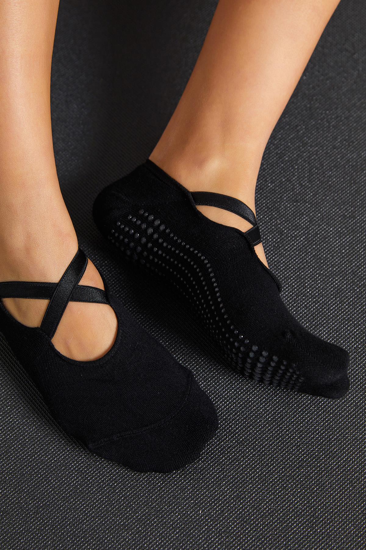 Bambu Kadın Siyah Kaydırmaz Taban Silikon Baskı Pilates Yoga Fitness Dans Aktivite Babet Çorabı 2’Li