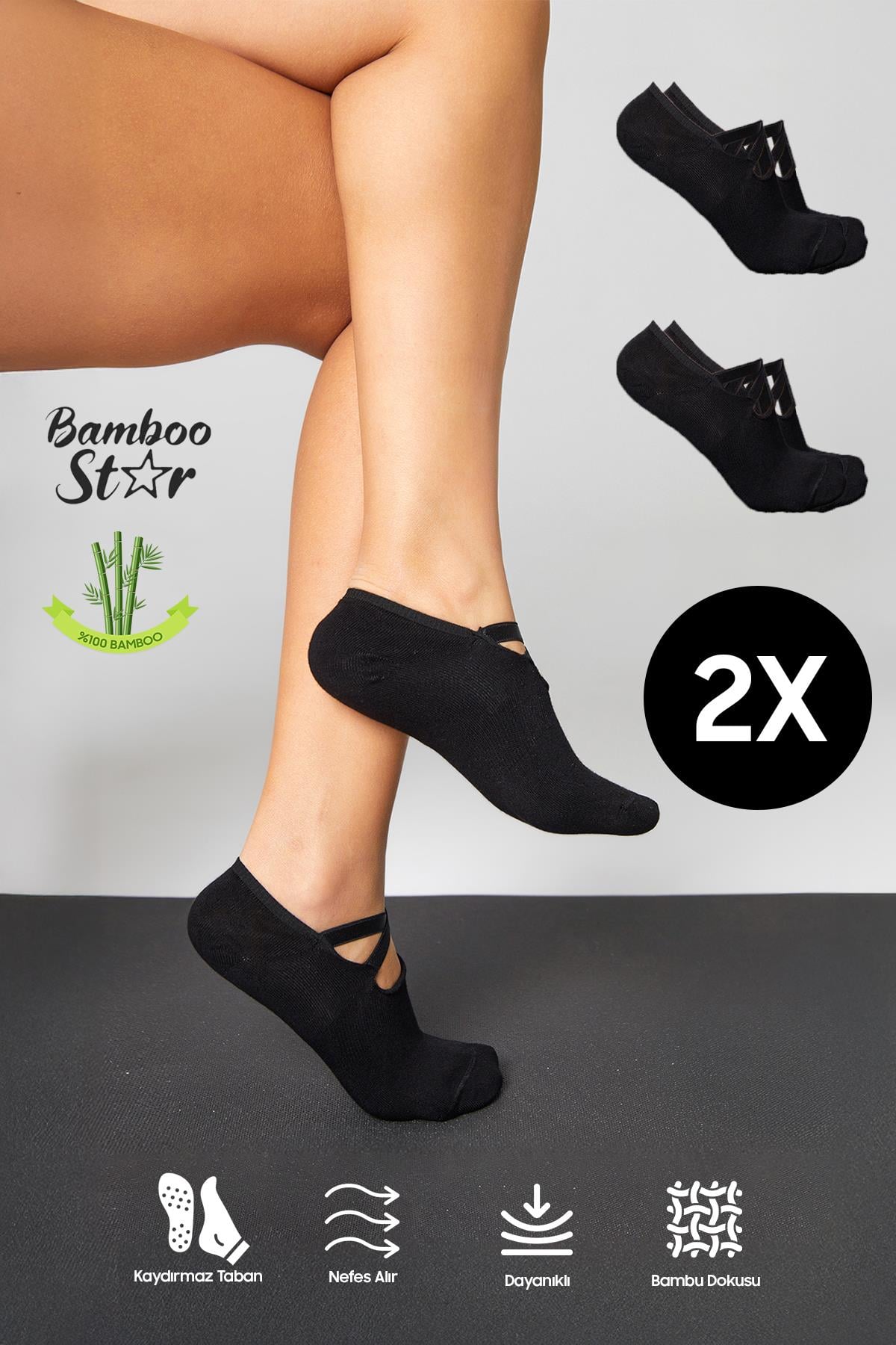 Bambu Kadın Siyah Pilates Yoga Fitness Dans Aktivite Babet Çorabı 2’Li