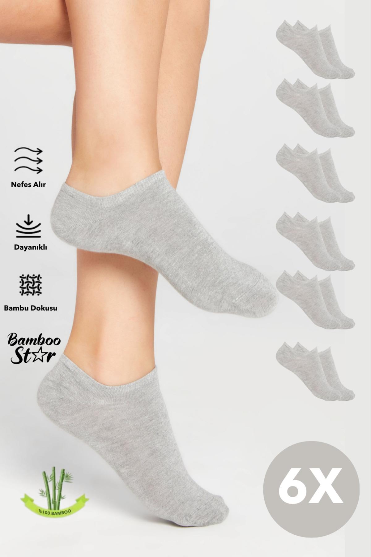 Bambu Kadın Sneaker Gri Çorap Dikişsiz Bilekte Görünmez Spor Çorap Premium 6'lı Paket