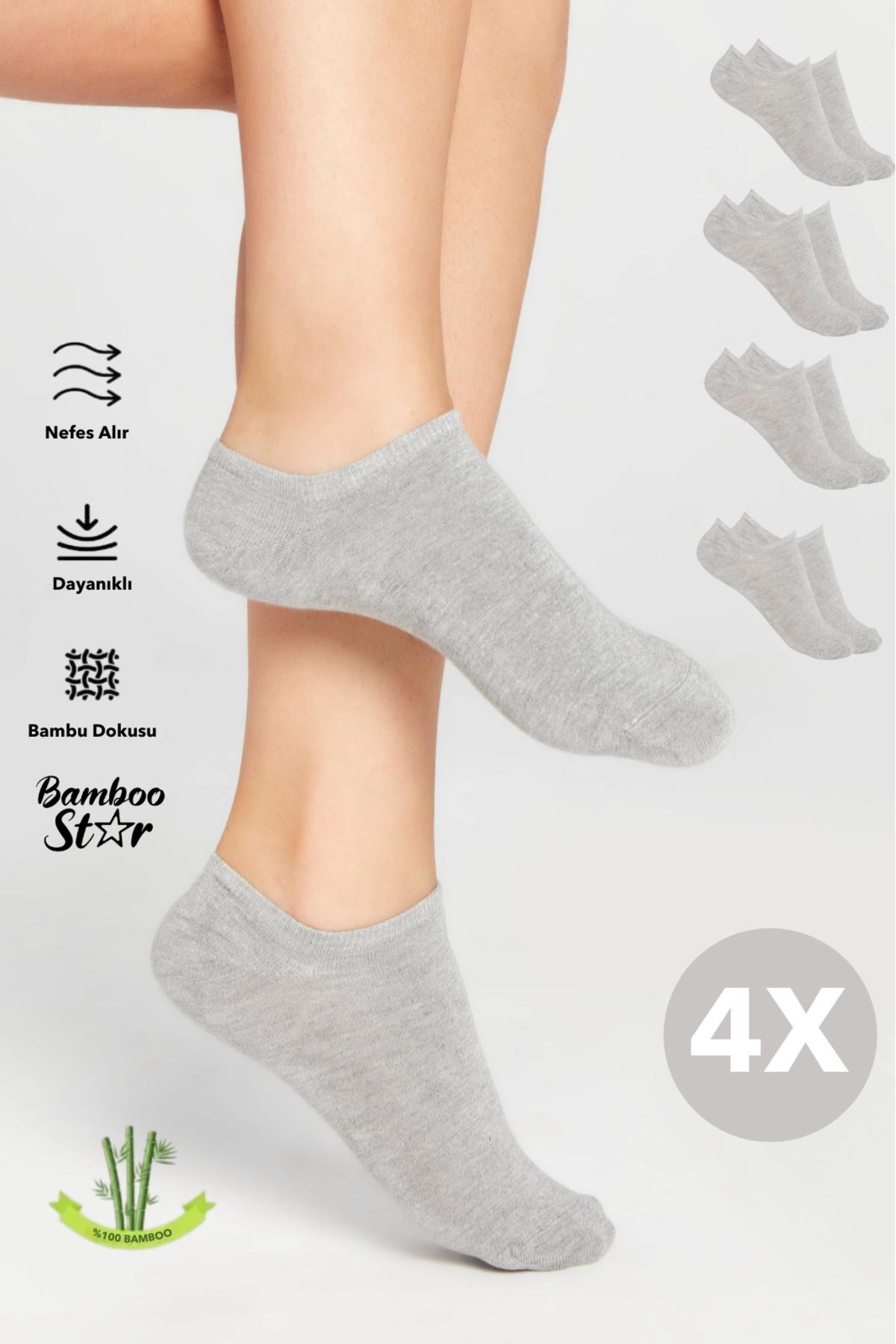 Bambu Kadın Sneaker Gri Çorap Dikişsiz Bilekte Görünmez Spor Çorap Premium 4 Lü Paket