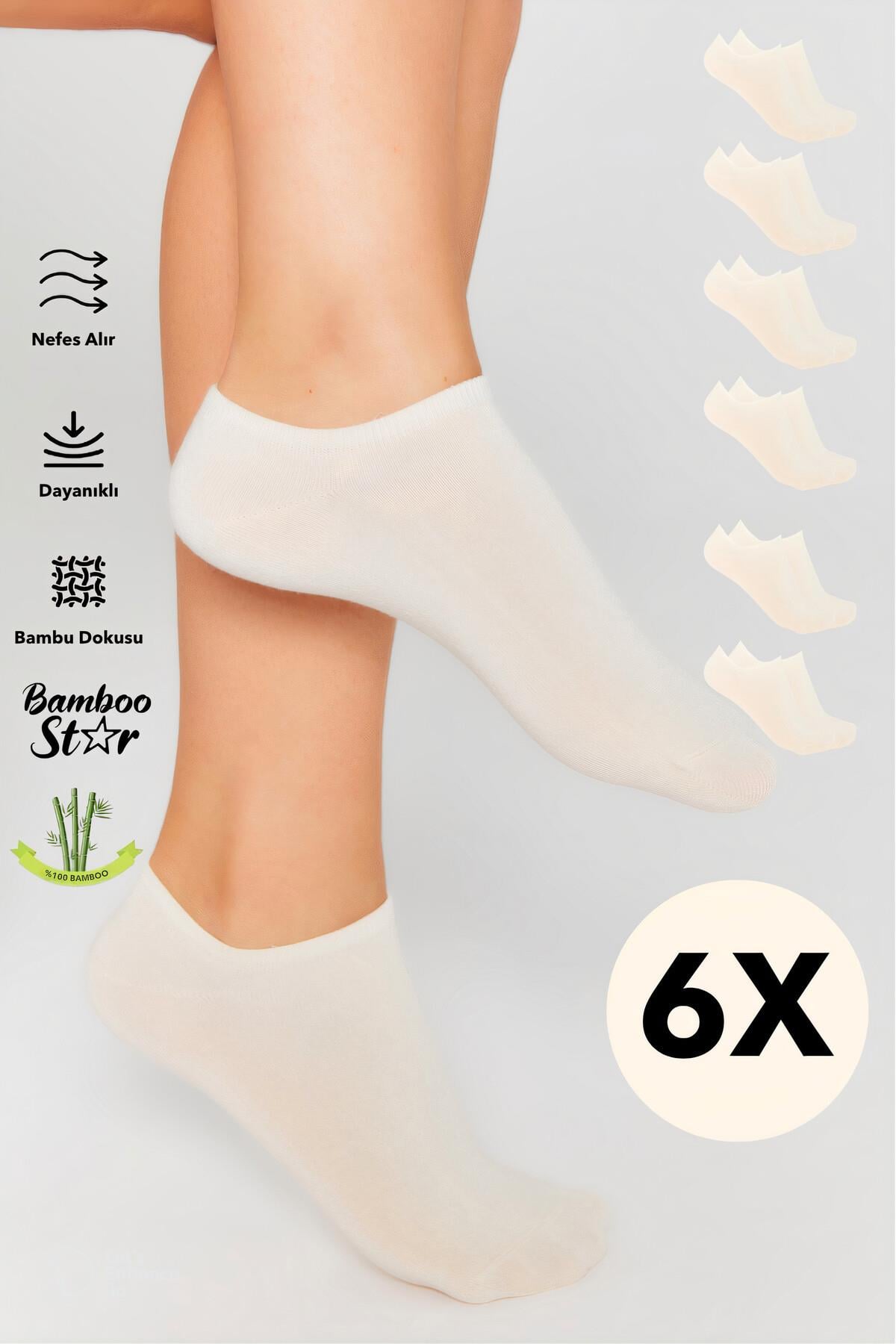 Bambu Kadın Sneaker Krem Çorap Dikişsiz Bilekte Görünmez Spor Çorap Premium 6'lı Paket