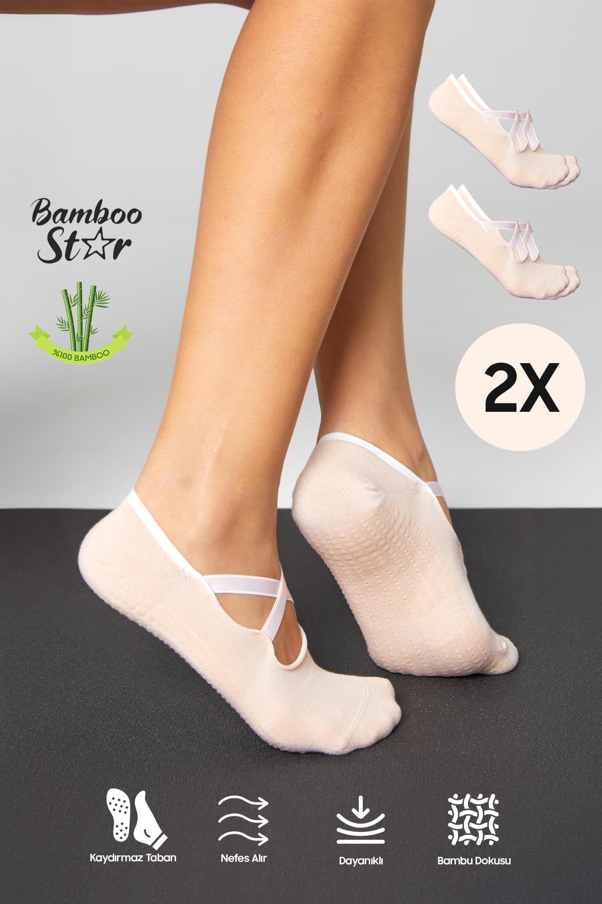 Bambu Kadın Toz Pembe Kaydırmaz Taban Silikon Baskı Pilates Yoga Finess Aktivite Babet Çorabı 2’Li