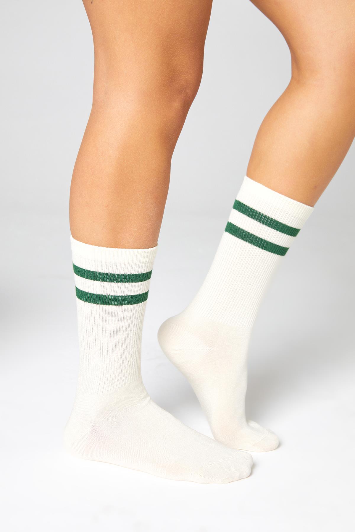 Bambu Tenis Çizgili Premium Kolej Çorabı Unisex Ekru Dikişsiz Soket Çorap 3'lü Paket