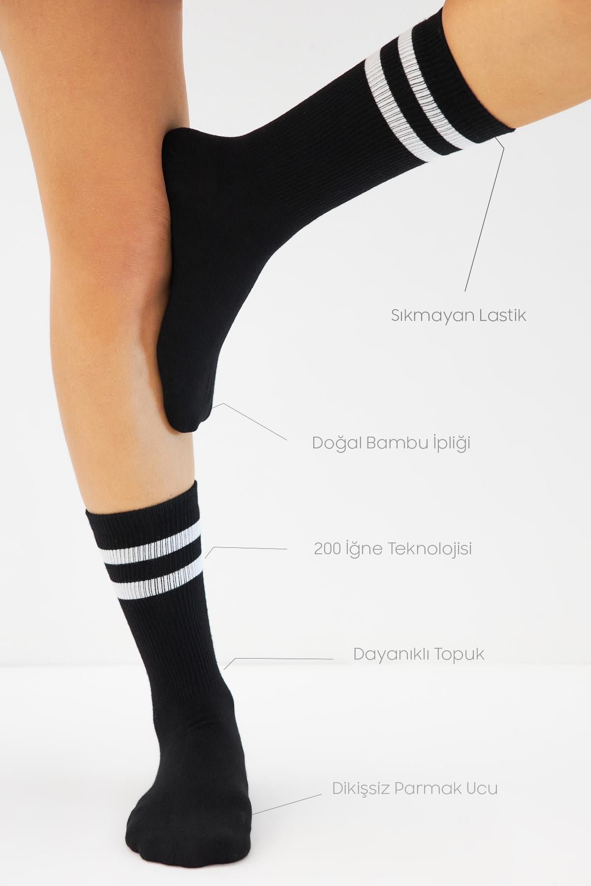 Bambu Tenis Çizgili Premium  Kolej Çorabı Unisex Siyah Dikişsiz Soket Çorap 3'lü Paket