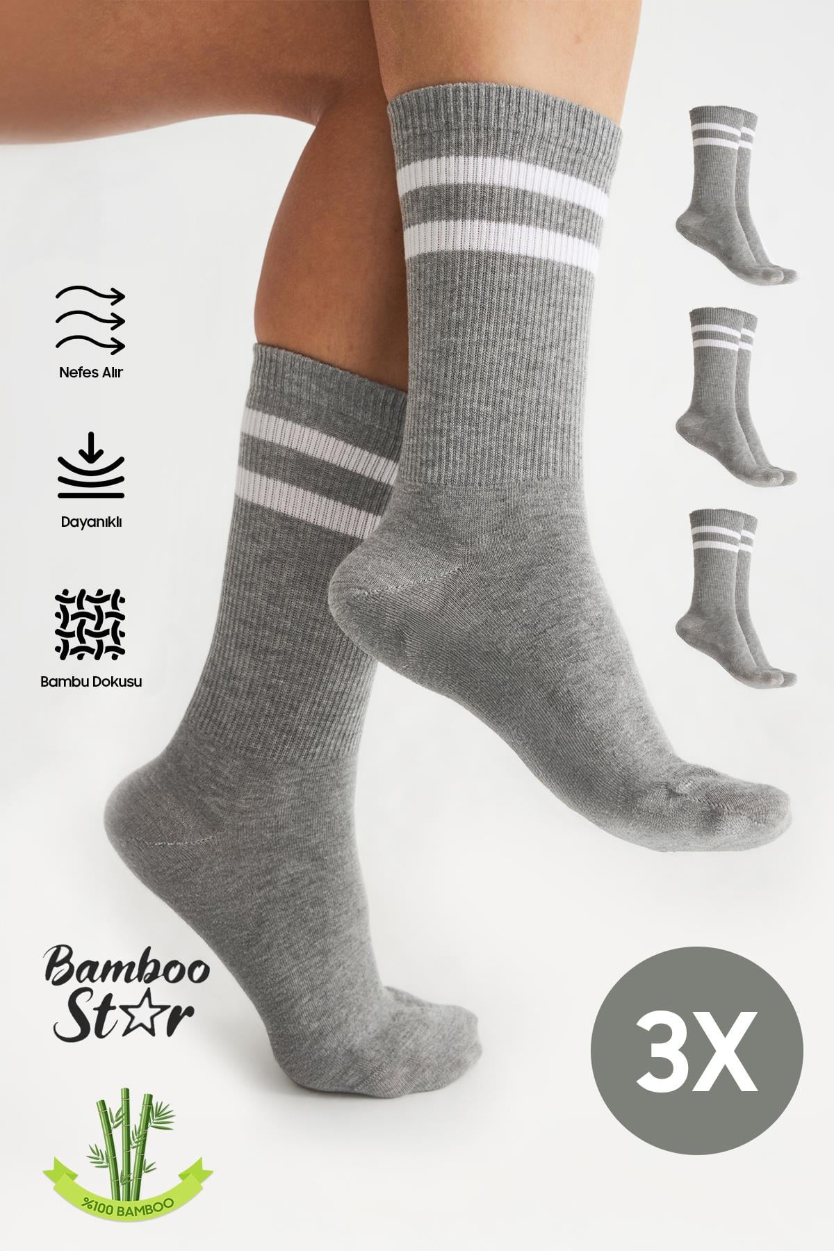 Bambu Tenis Çizgili Premium  Kolej Çorabı Unisex Gri Dikişsiz Soket Çorap 3'lü Paket