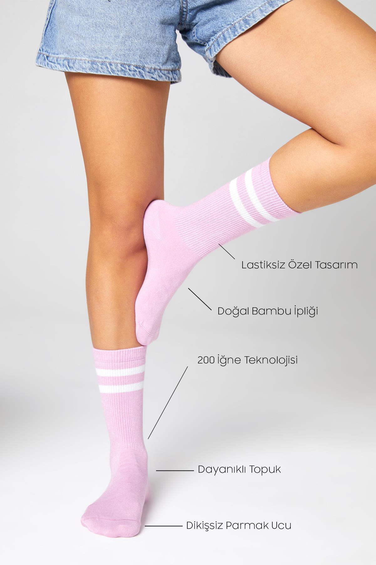 Bambu Tenis Çizgili Premium Kolej Çorabı Unisex Toz Pembe Dikişsiz Soket Çorap 3'lü Paket