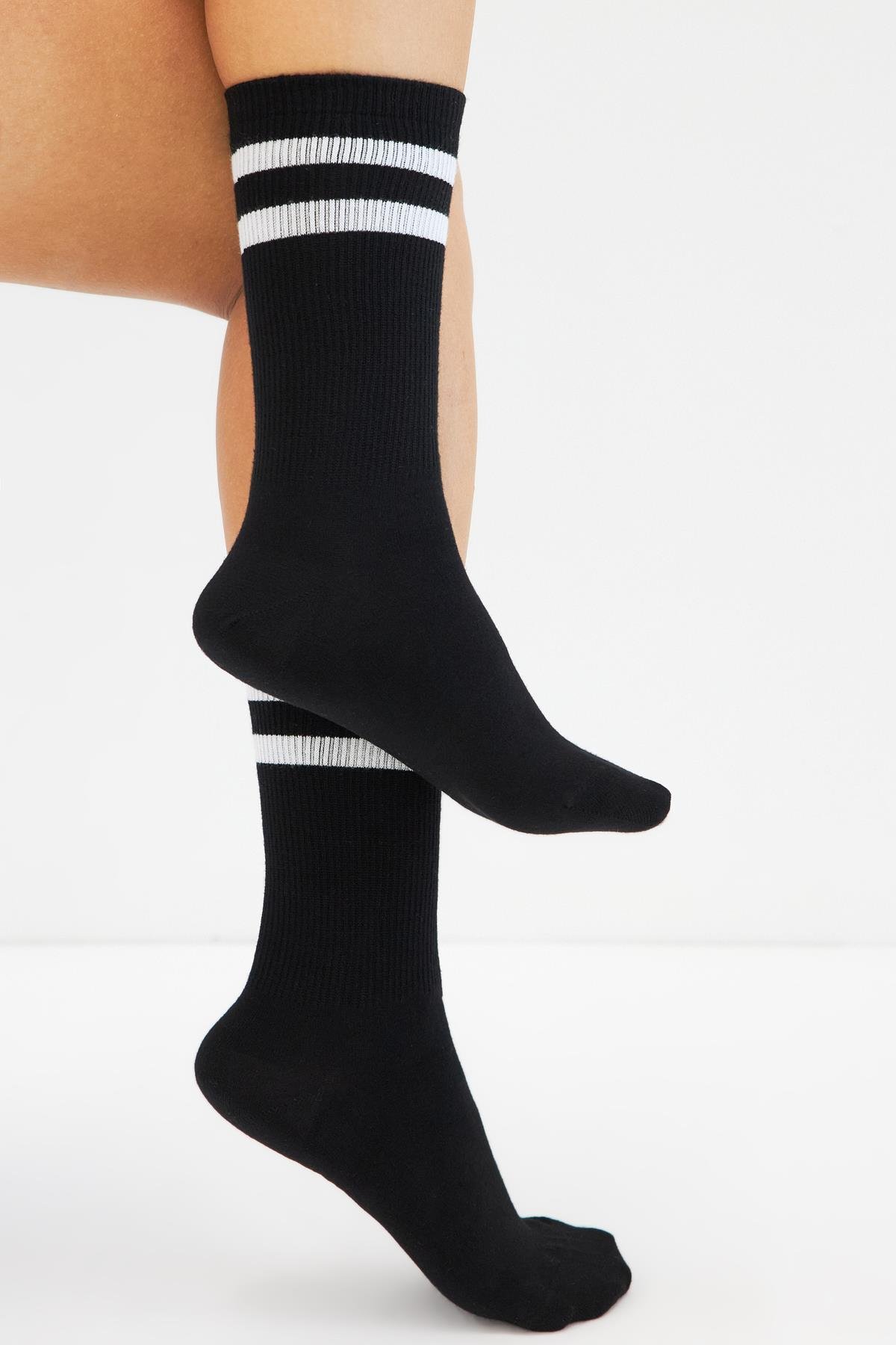 Bambu Tenis Çizgili Premium  Kolej Çorabı Unisex Siyah Dikişsiz Soket Çorap 3'lü Paket