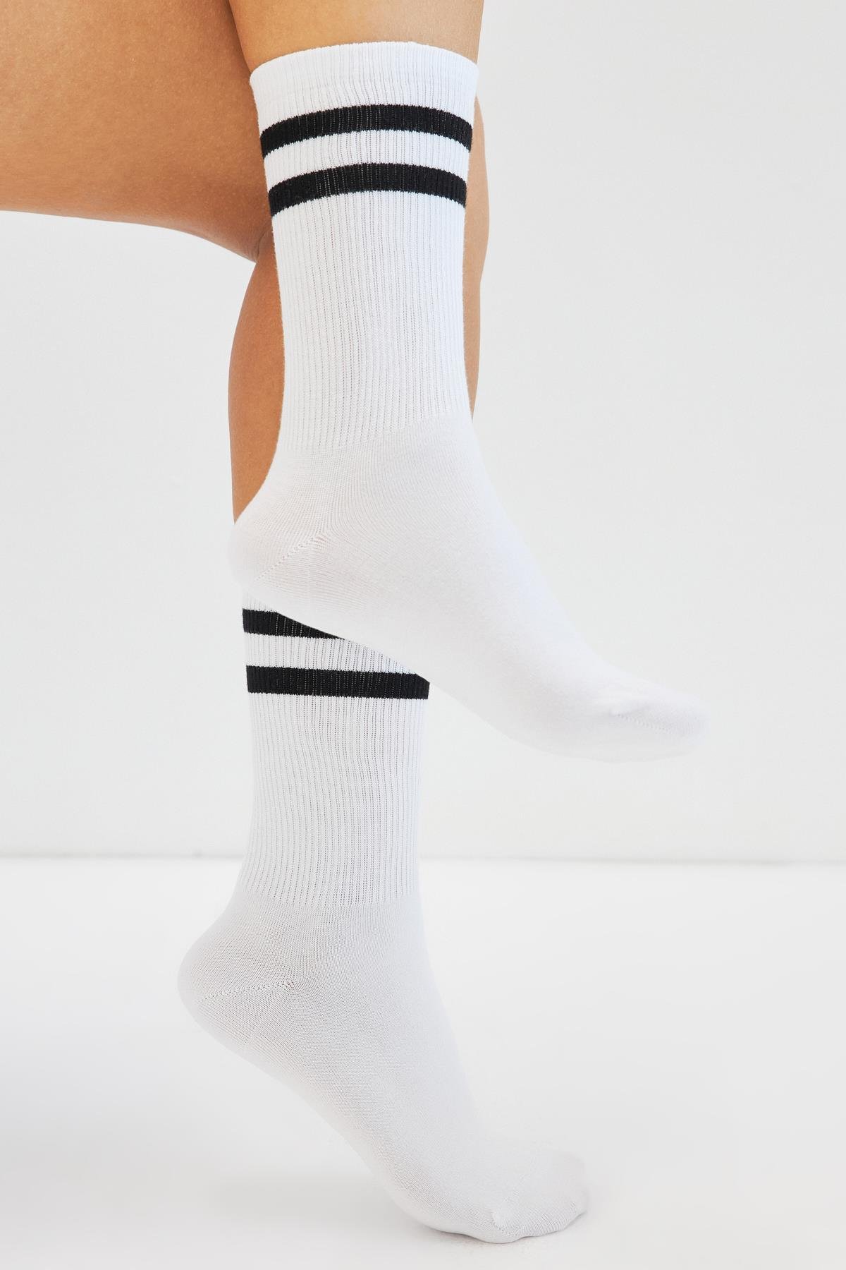 Bambu Tenis Çizgili Premium  Kolej Çorabı Unisex Beyaz Dikişsiz Soket Çorap 3'lü Paket