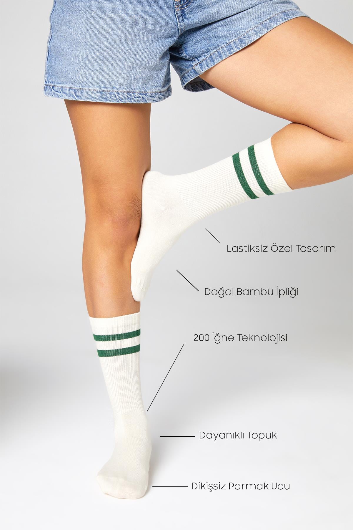 Bambu Tenis Çizgili Premium Kolej Çorabı Unisex Ekru Dikişsiz Soket Çorap 3'lü Paket