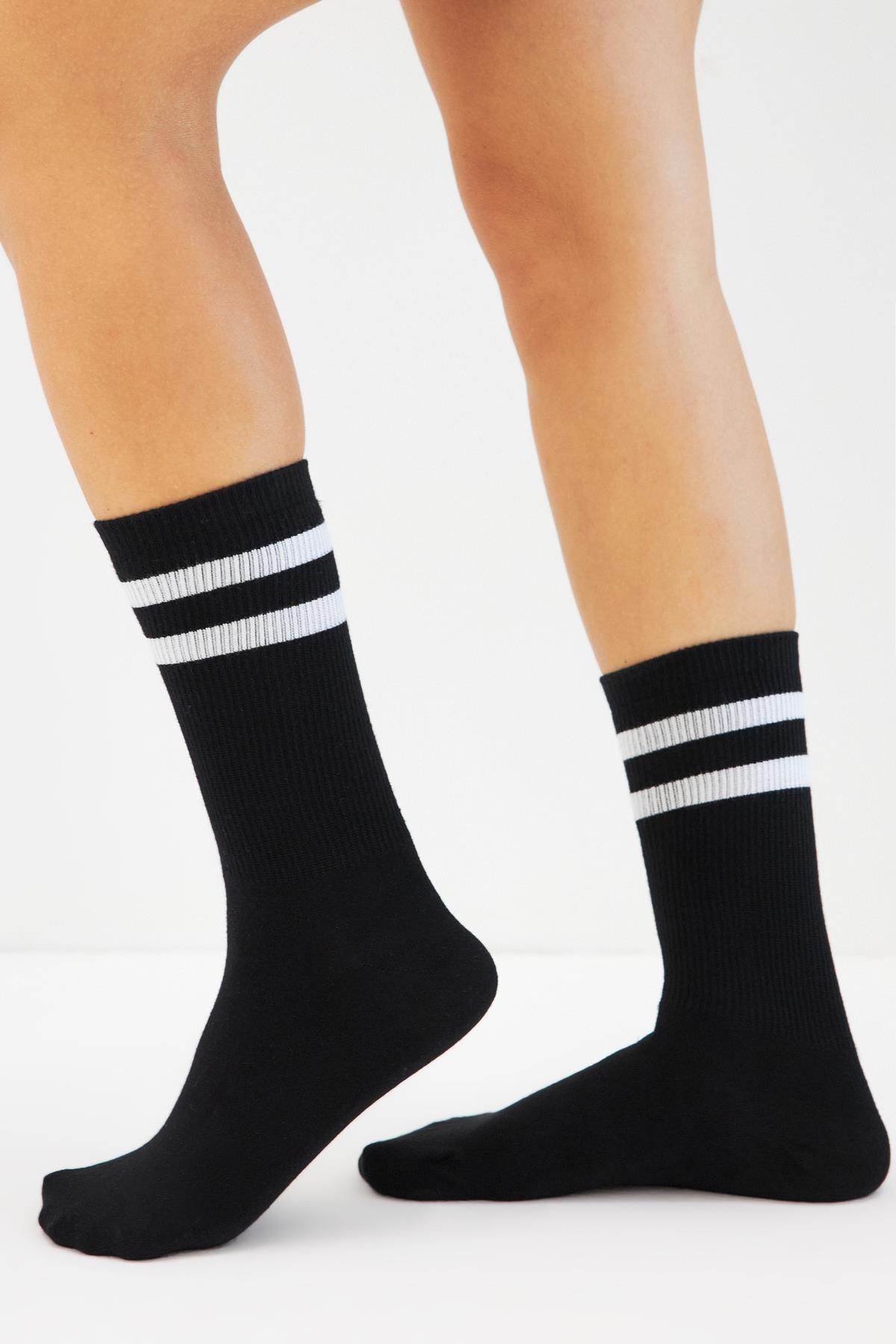 Bambu Tenis Çizgili Premium  Kolej Çorabı Unisex Siyah Dikişsiz Soket Çorap 3'lü Paket
