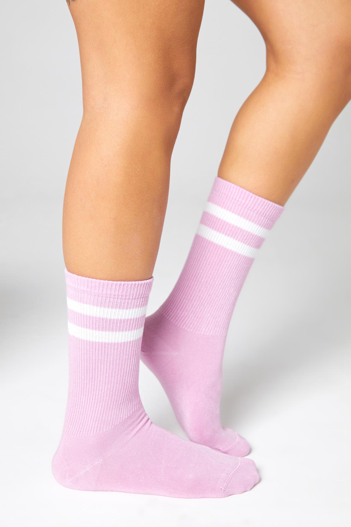 Bambu Tenis Çizgili Premium Kolej Çorabı Unisex Pembe Dikişsiz Soket Çorap 3'lü Paket