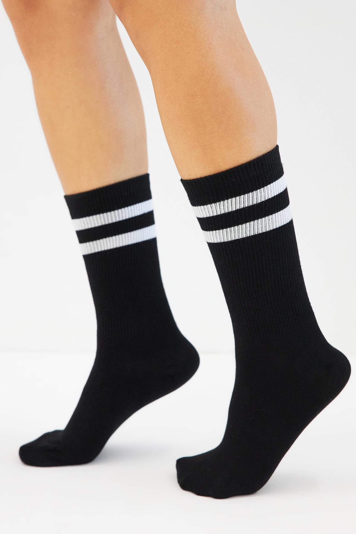 Bambu Tenis Çizgili Premium  Kolej Çorabı Unisex Siyah Dikişsiz Soket Çorap 3'lü Paket