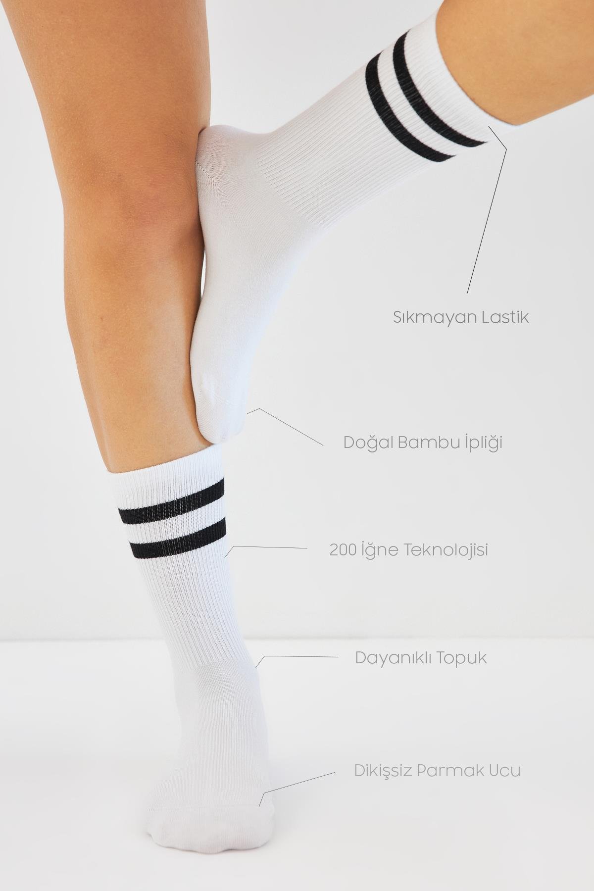 Bambu Tenis Çizgili Premium  Kolej Çorabı Unisex Beyaz Dikişsiz Soket Çorap 3'lü Paket