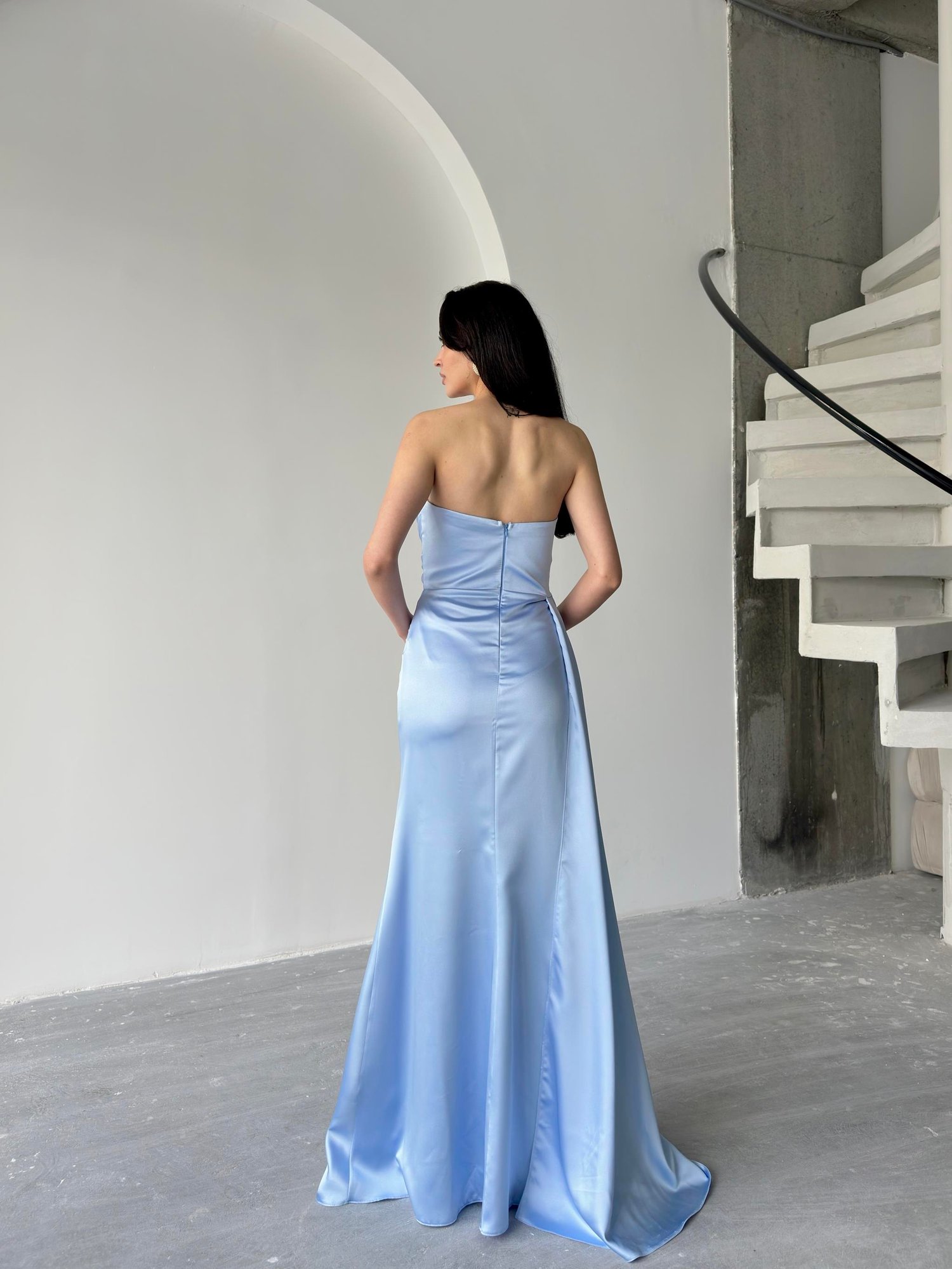 Bebe Mavi Straplez Drapeli Saten Abiye ElbiseAbiye & Mezuniyet ElbisesiST5560-7209