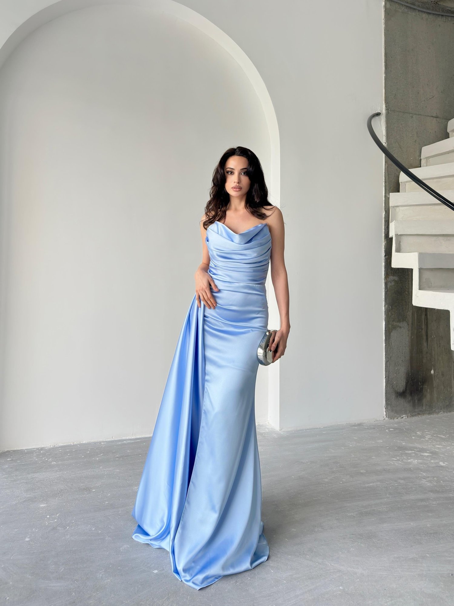 Bebe Mavi Straplez Drapeli Saten Abiye ElbiseAbiye & Mezuniyet ElbisesiST5560-7209
